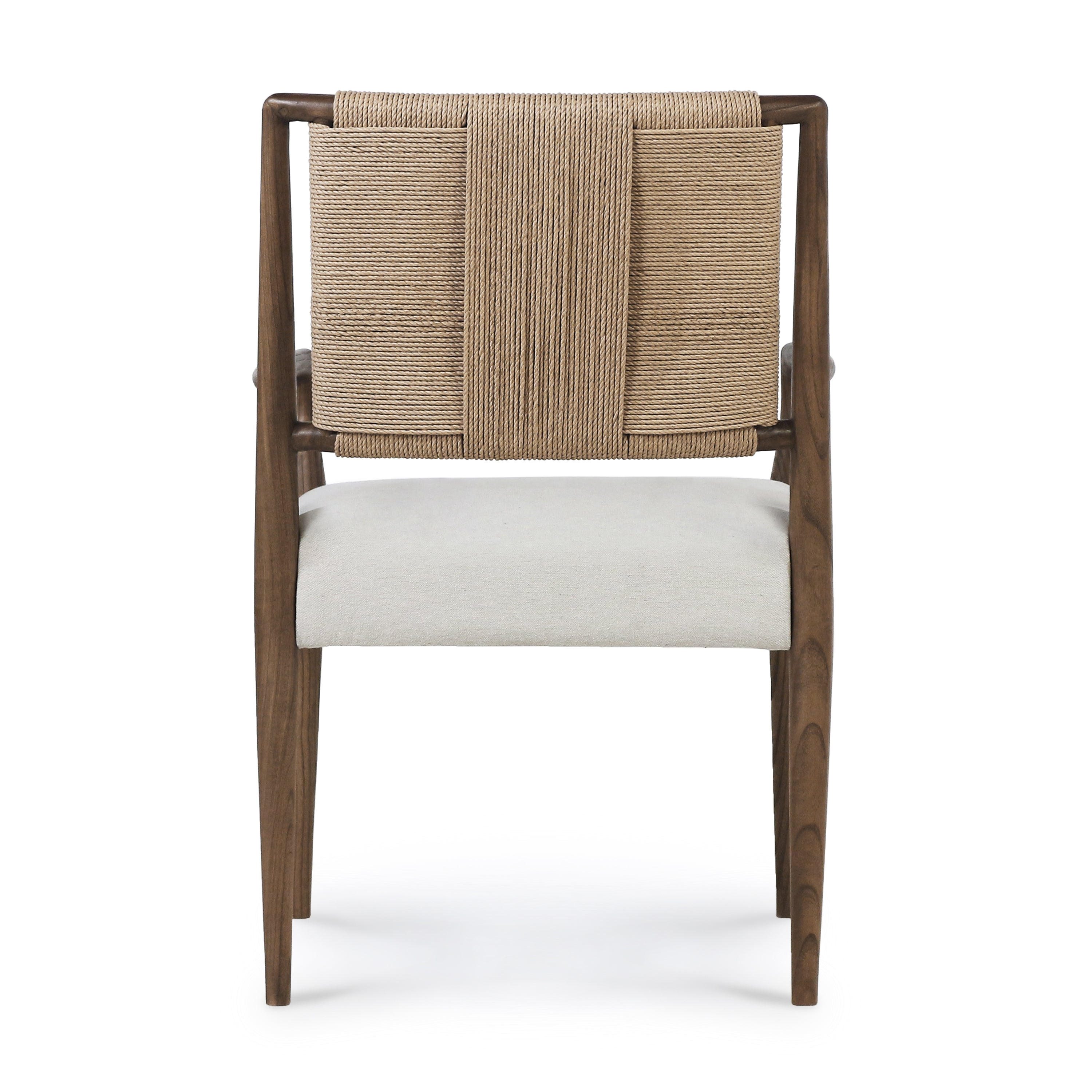 Front view of a natural wood dining armchair with a papercord-woven back and neutral beige upholstered seat on a sculpted solid wood frame in coastal mid-century modern style.