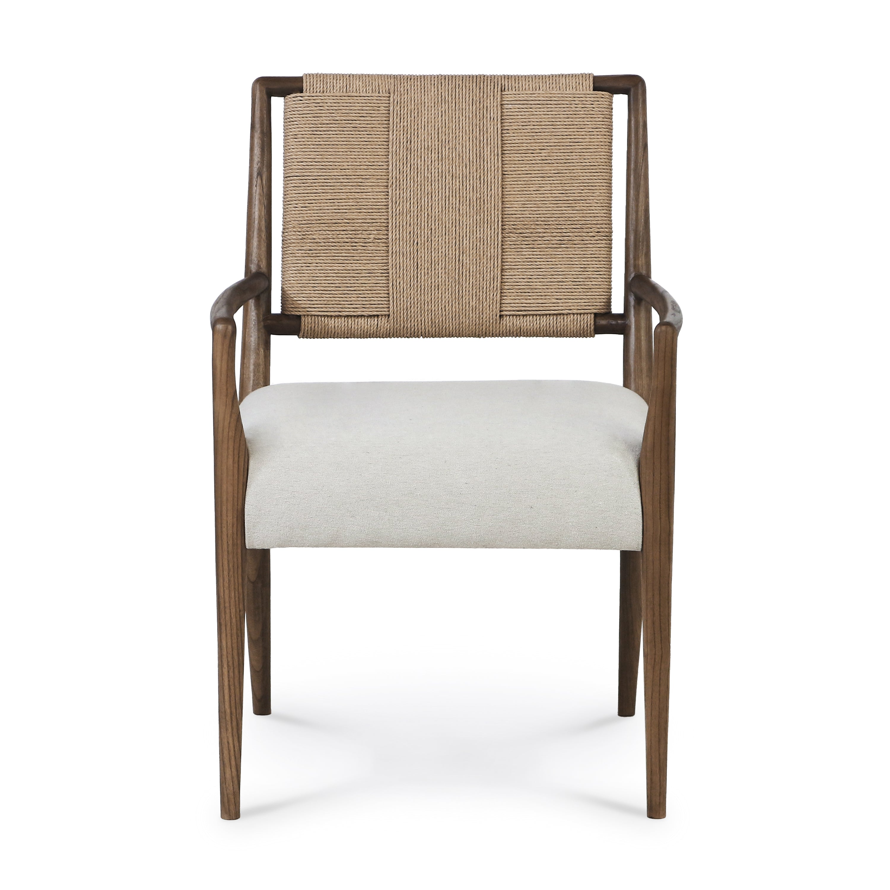 Front view of a natural wood dining armchair with a tan woven rope back and a light beige upholstered seat, sculpted mid-century–inspired frame with tapered legs and curved armrests.