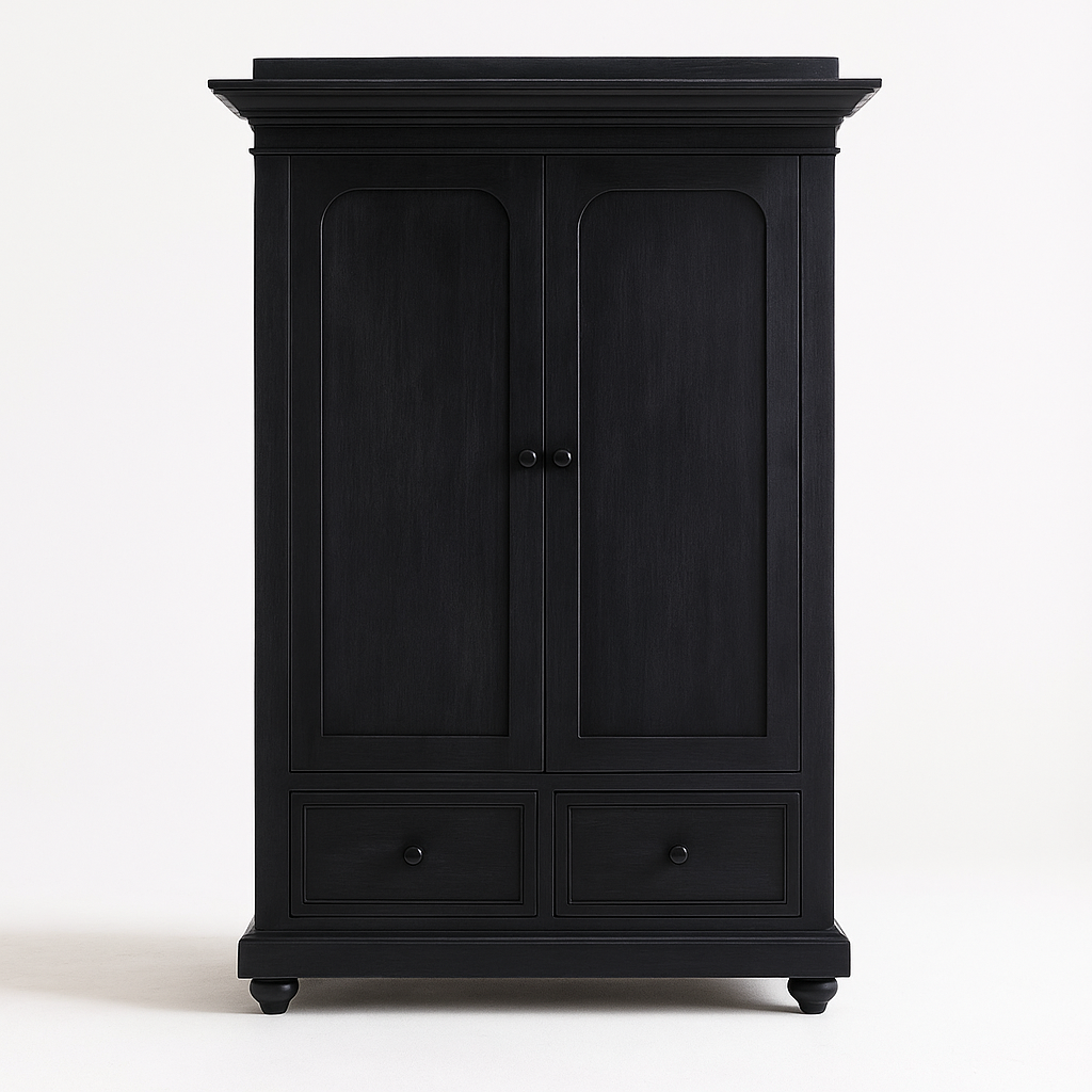 Tall modern black solid wood wardrobe with two arched-panel doors, two lower drawers, round black knobs, crown molding top and turned feet, shown against a white background.