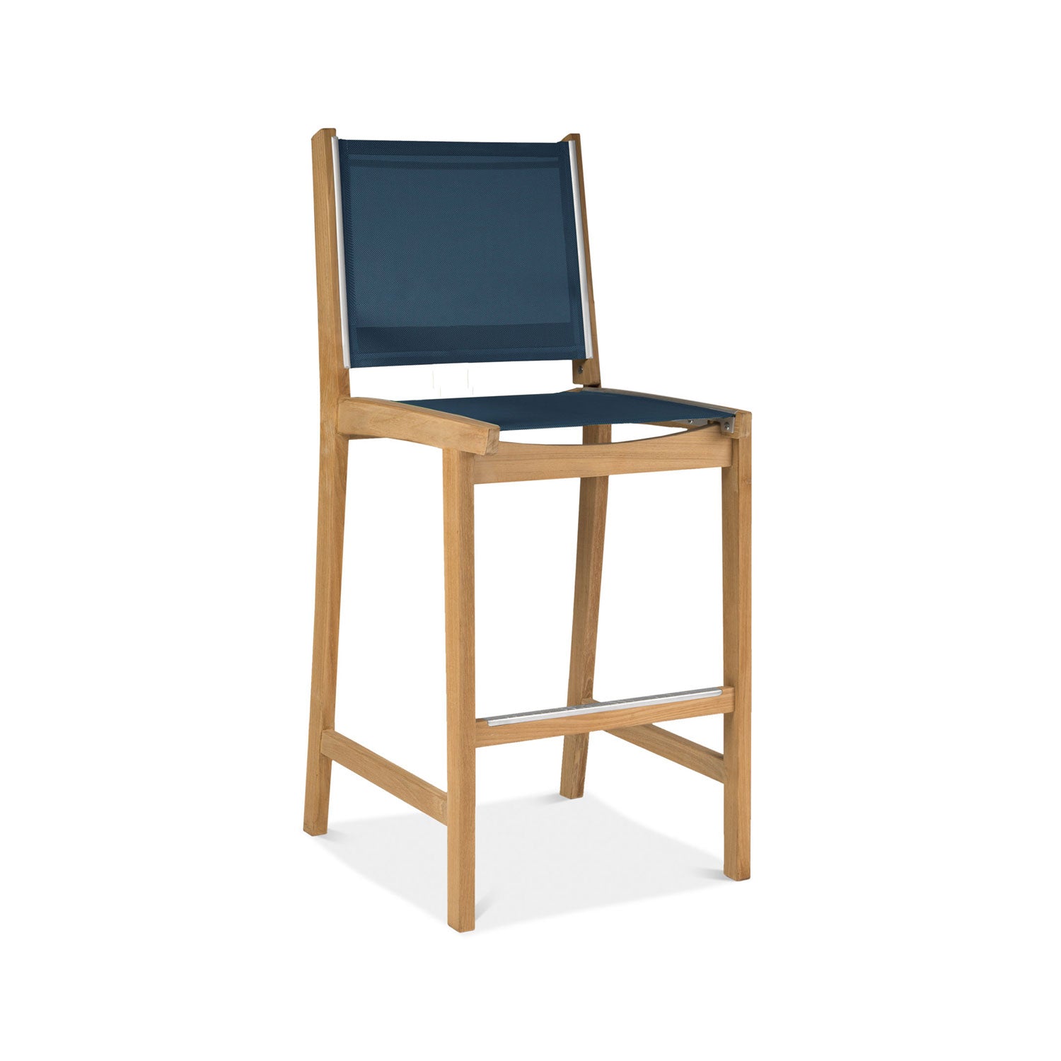 Natural teak outdoor bar stool with navy sling seat and back, slim modern frame and metal footrest, tall coastal-style patio stool