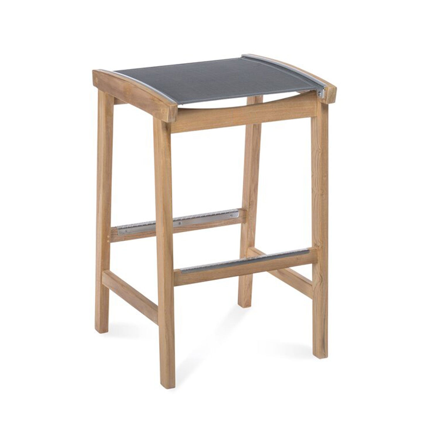 Backless outdoor bar stool in natural teak with a dark gray sling seat and metal-reinforced front and rear rails; armless coastal design with straight legs and integrated footrest.