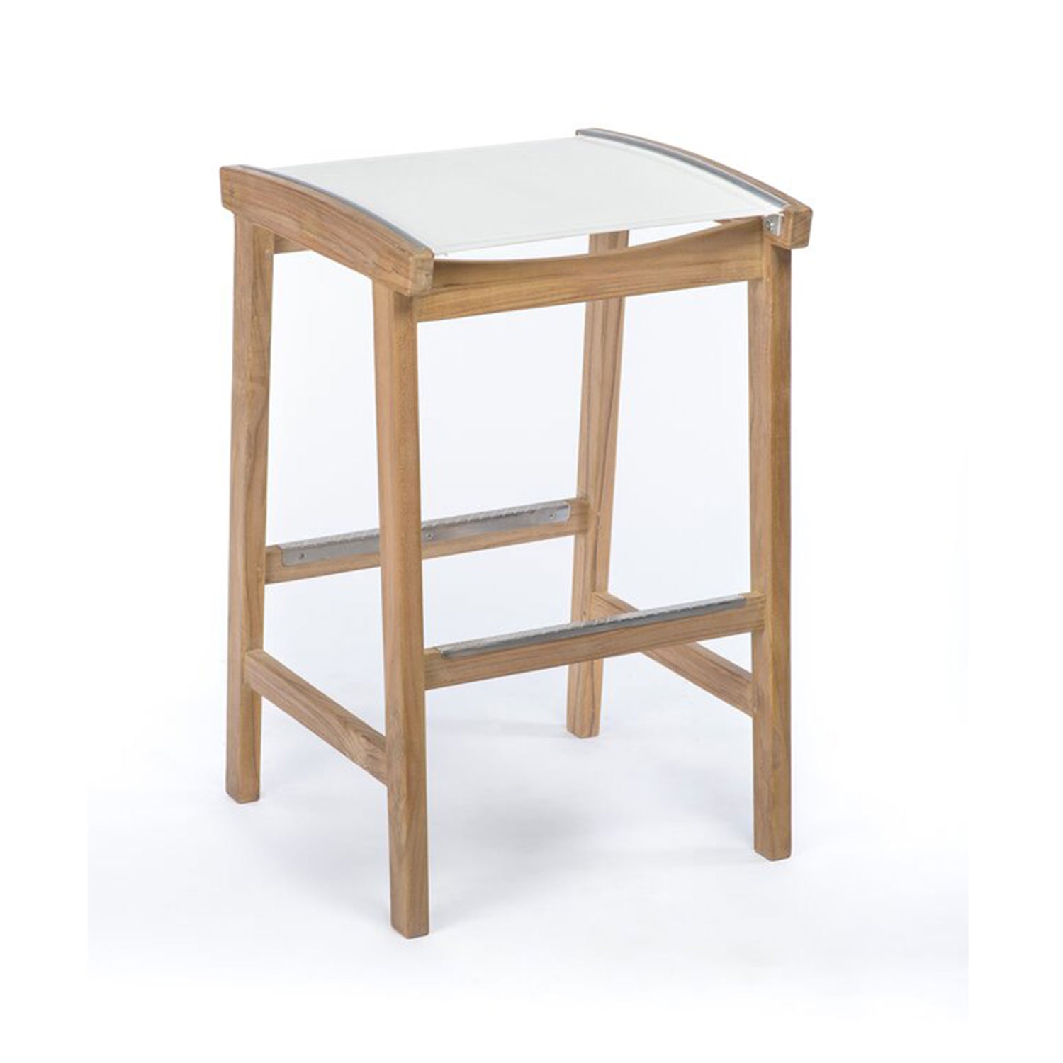 Coastal-style backless outdoor bar stool in natural teak with a curved white sling seat, brushed metal edge trim on the top rails and footrest, and a sturdy four-leg frame with stretchers.