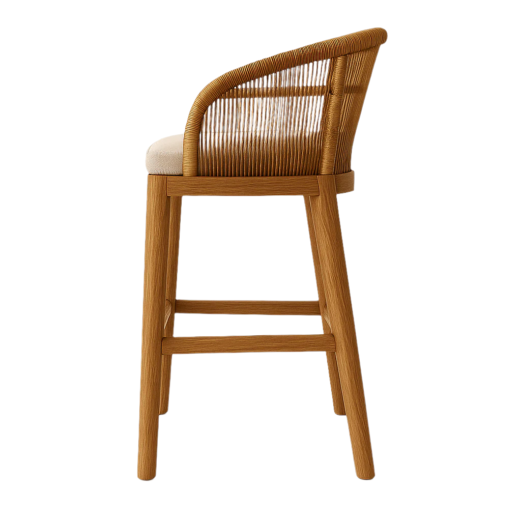 Side view of a coastal-style counter stool with a teak wood frame, woven natural rope back and a beige fabric cushion, showing tapered legs and a built-in footrest.