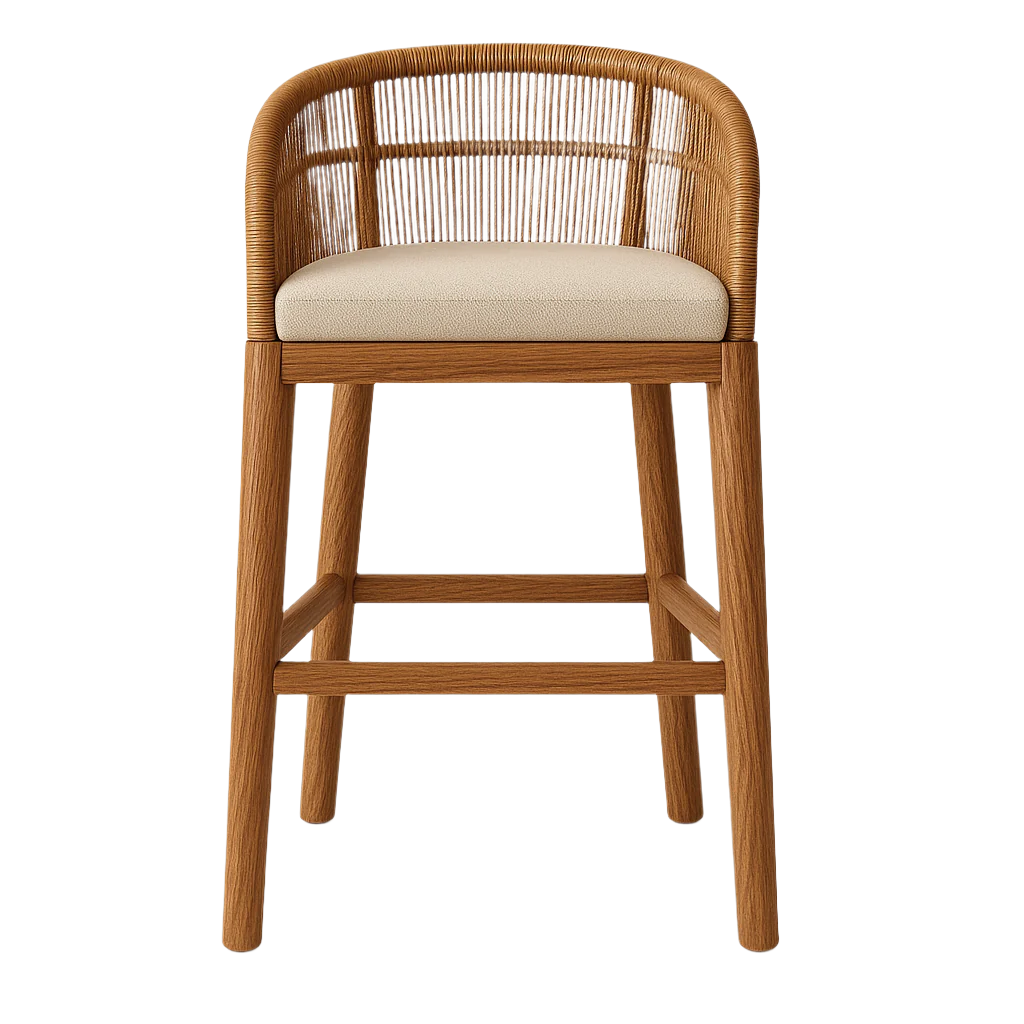 Front view of a coastal teak counter stool featuring a rounded woven natural rope back, beige fabric seat cushion, and solid teak legs with an integrated footrest.