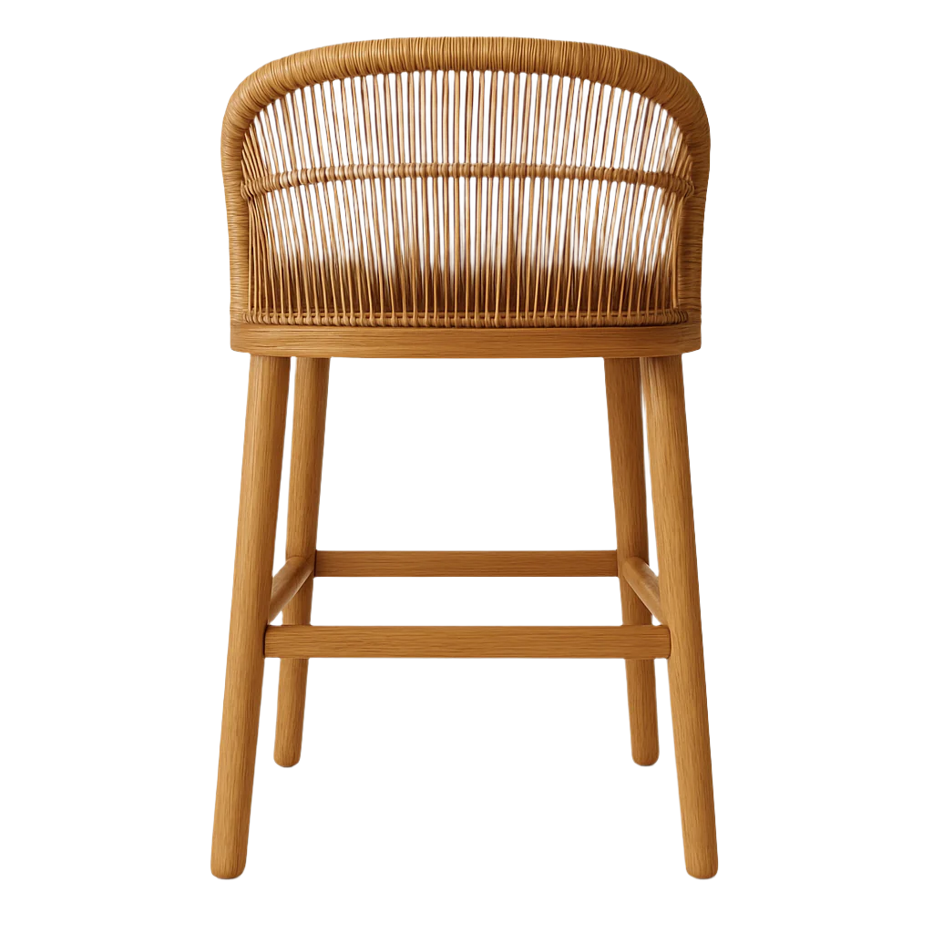Rear view of a coastal-style counter stool with a curved rope-woven back, natural teak wood frame and legs, and horizontal footrest bars in a warm natural finish.