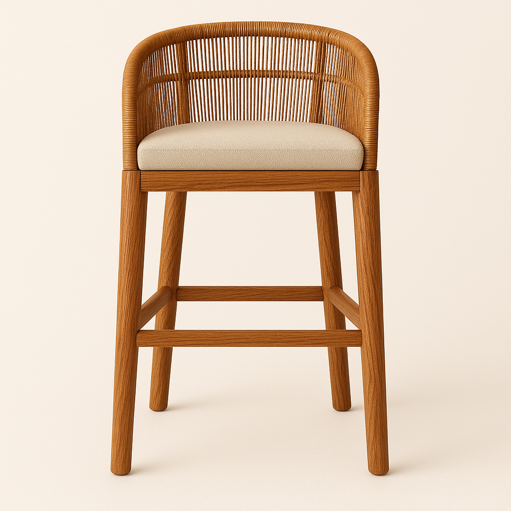 Front-facing teak counter stool with a rounded woven rope backrest and a natural beige fabric cushion on a solid teak wood frame.