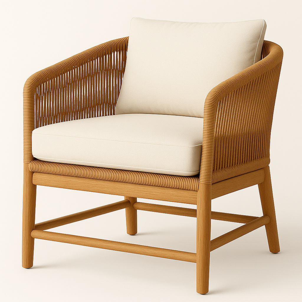 Solid teak outdoor club chair with woven rope arms and back, finished in a natural teak tone and topped with plush off-white fabric seat and back cushions for a contemporary coastal look.