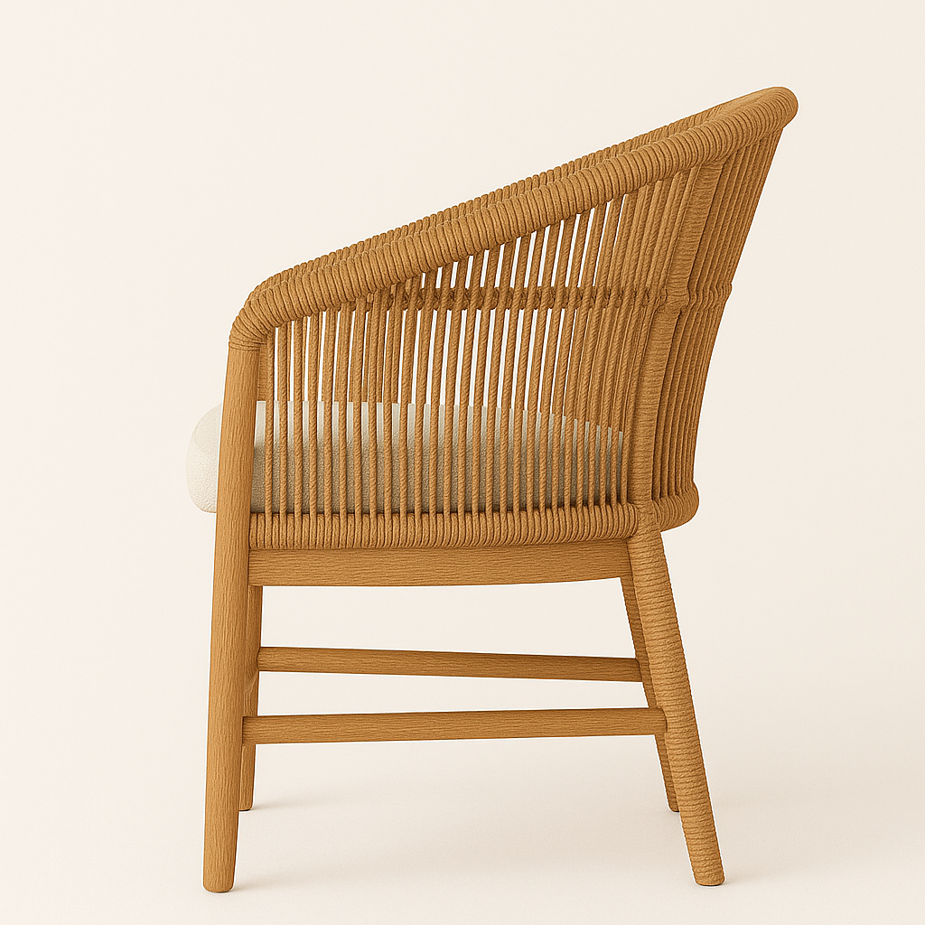 Side profile of a teak outdoor dining chair with a curved frame and woven rope backrest, featuring a cream seat cushion and sturdy teak legs in a coastal-contemporary style.