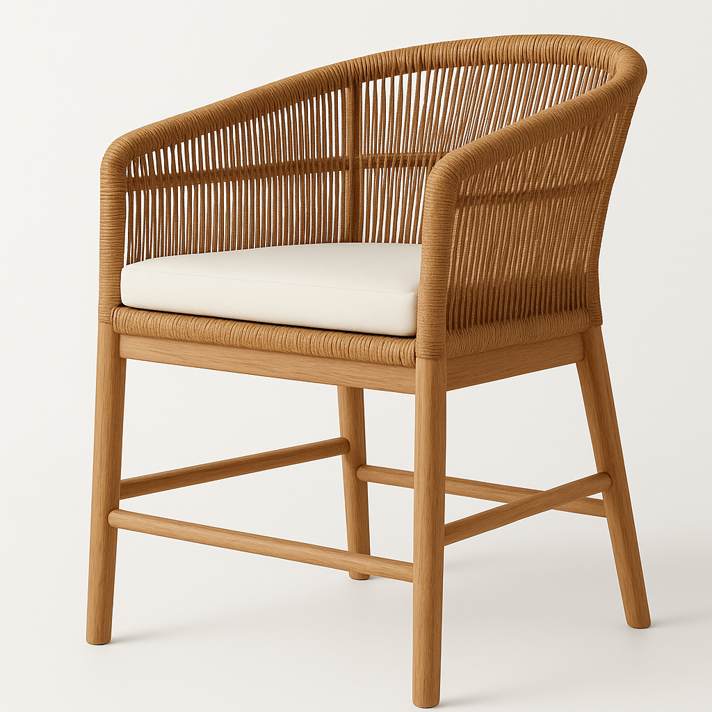 Curved outdoor teak dining chair with a woven rope barrel back, warm teak wood frame and cream cushioned seat, blending coastal and contemporary style for patio or dining.