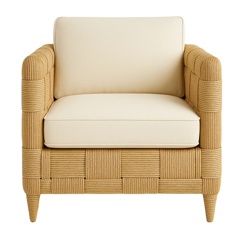 Front view of a natural woven rattan outdoor lounge chair with thick cream fabric seat and back cushions, rope-wrapped wicker frame and tapered legs in a coastal contemporary design.