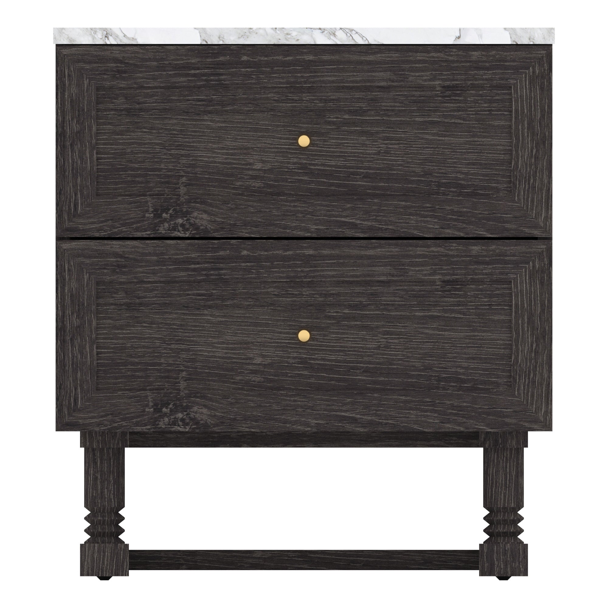 Front view of a black wooden two-drawer nightstand with a white marble top, framed drawer fronts, centered round gold knobs, and turned legs connected by a stretcher.