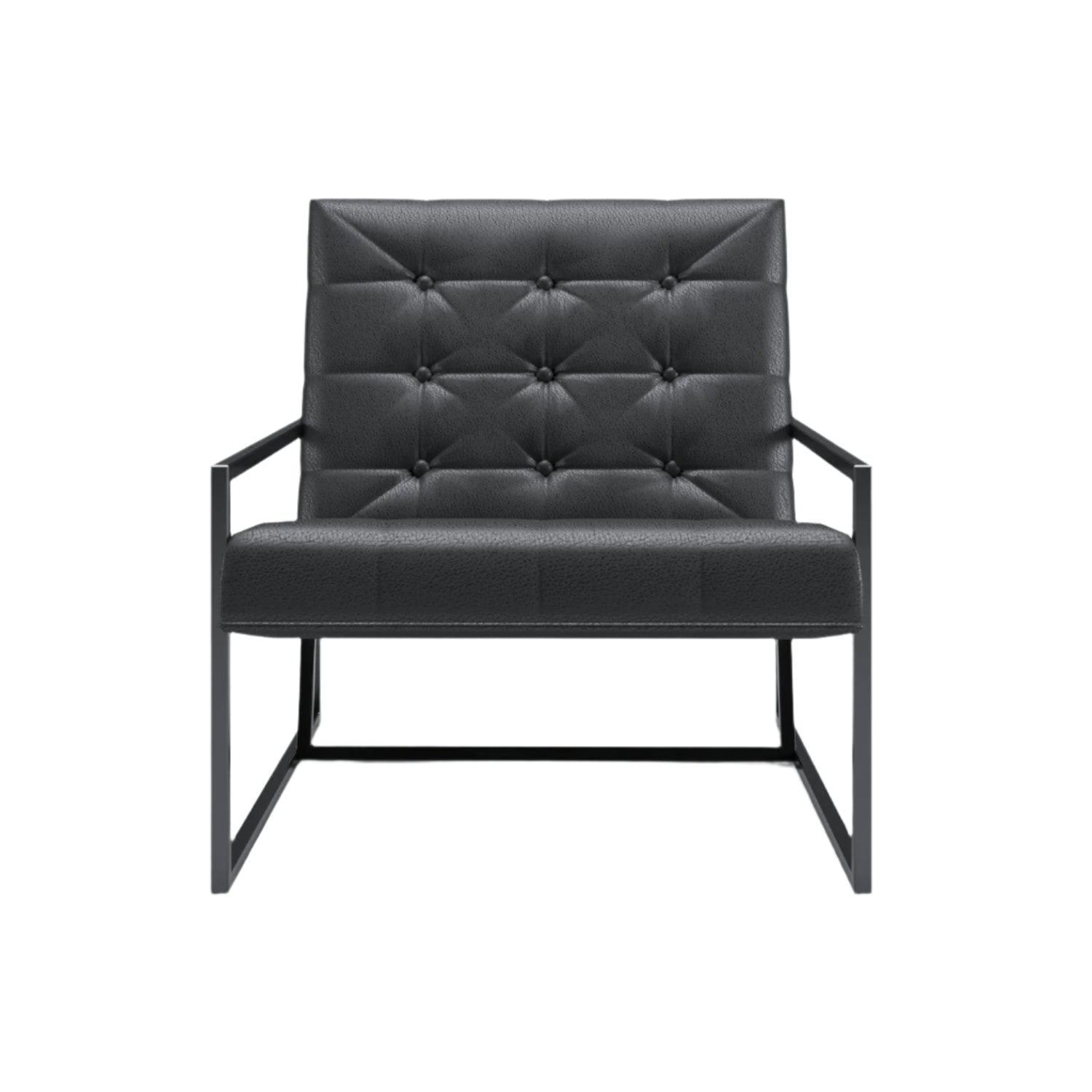 Front view of a modern black faux leather loft chair with a button-tufted back, cushioned seat and slim black metal frame with squared armrests and sled-style base on a white background.