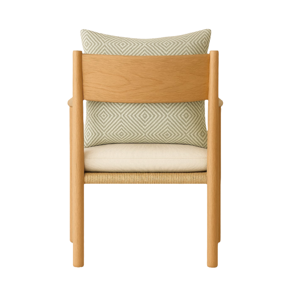 Back view of a Danish-style dining chair in natural oak with a woven papercord seat, cream seat cushion and a patterned sage-and-cream lumbar pillow.