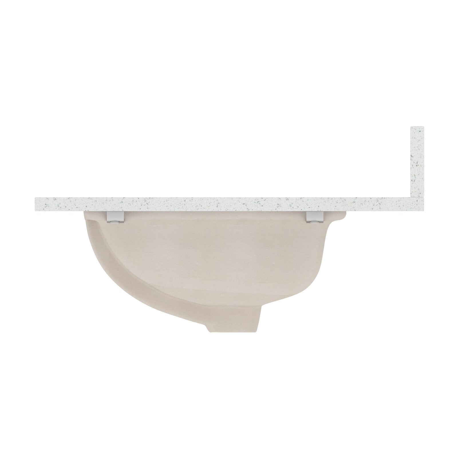 Underside view of a stone-colored ceramic undermount sink secured with mounting clips beneath a speckled stone countertop and short backsplash return, shown against a white background.