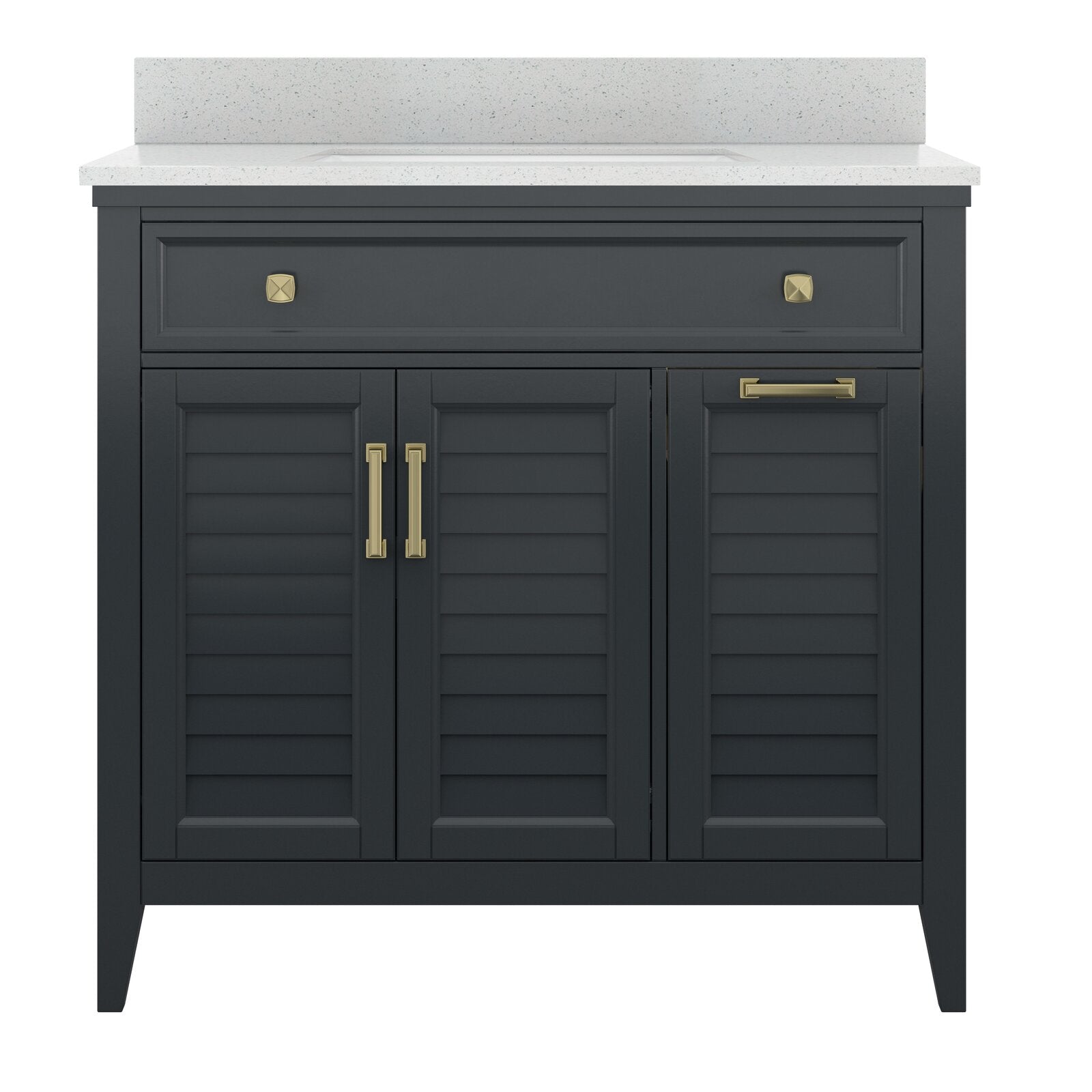 Freestanding solid wood single-sink bathroom vanity in charcoal finish with a white speckled stone countertop and integrated basin, featuring louvered cabinet doors and brass drawer pulls and handles.