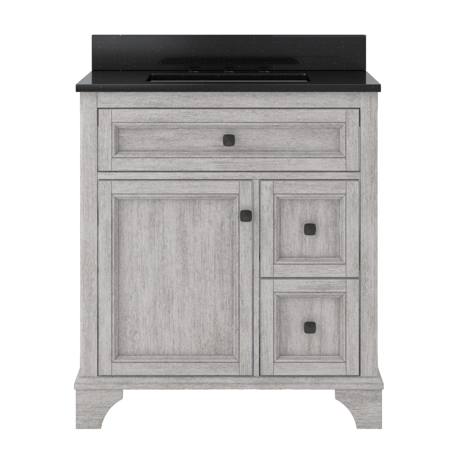 31-inch freestanding single-sink vanity with a black quartz countertop and integrated rectangular sink; solid wood weathered-gray cabinet with a full-width top drawer, one large door, two stacked side drawers and dark square knobs.