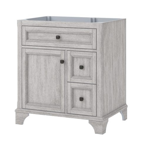 Modern solid wood single-sink bathroom vanity in black with quartz top cutout, featuring a full-width top drawer, one cabinet door, two stacked side drawers, square dark knobs and shaped bracket feet.