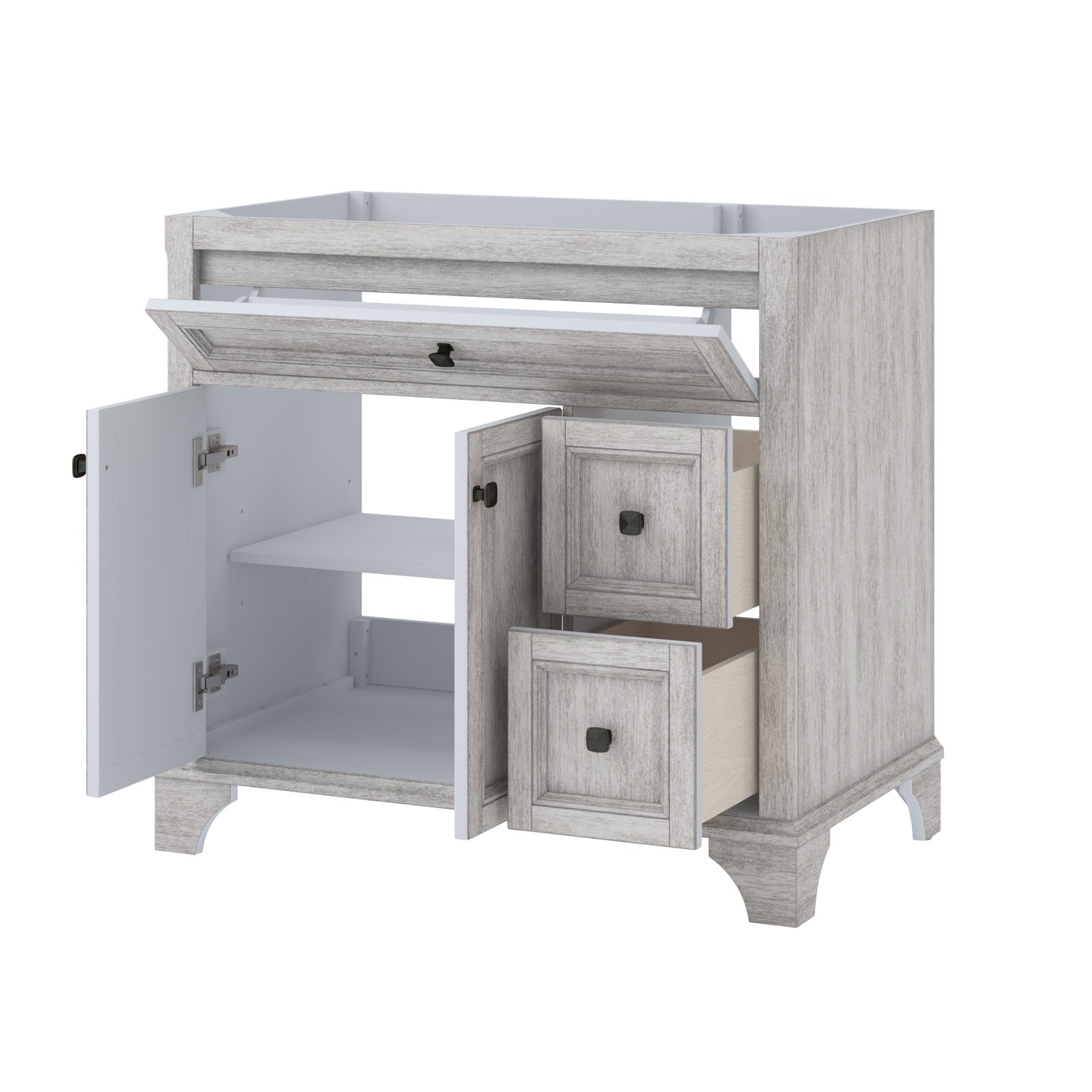 37-inch stone gray solid wood freestanding bathroom vanity cabinet shown without top, with left door open revealing an interior shelf, a hinged tilt-out front panel and two right drawers partially open, with square dark knobs.