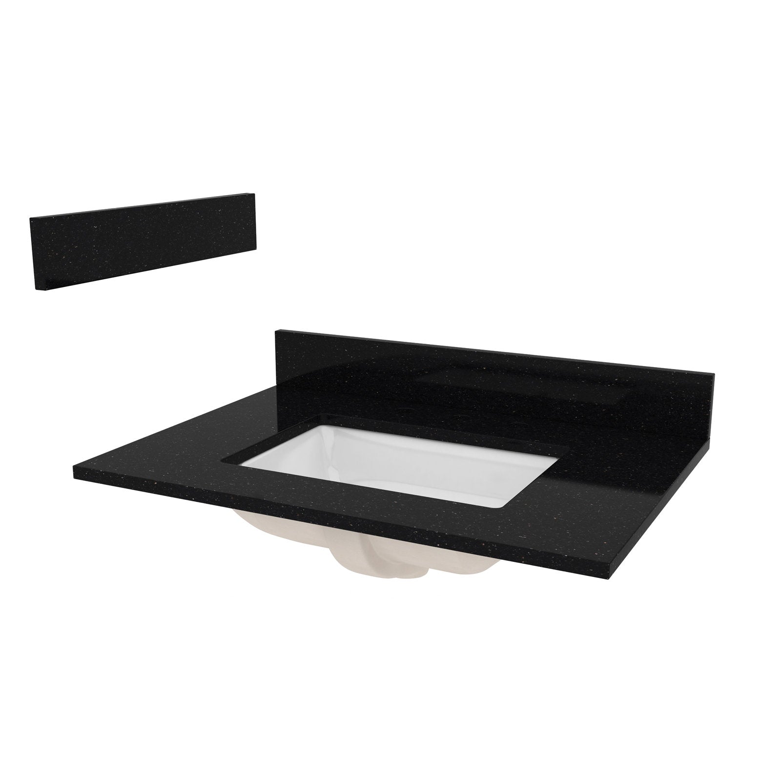 Glossy black quartz 31-inch vanity top with a rectangular white undermount ceramic sink and matching black quartz backsplash, speckled finish shown in an angled product view.