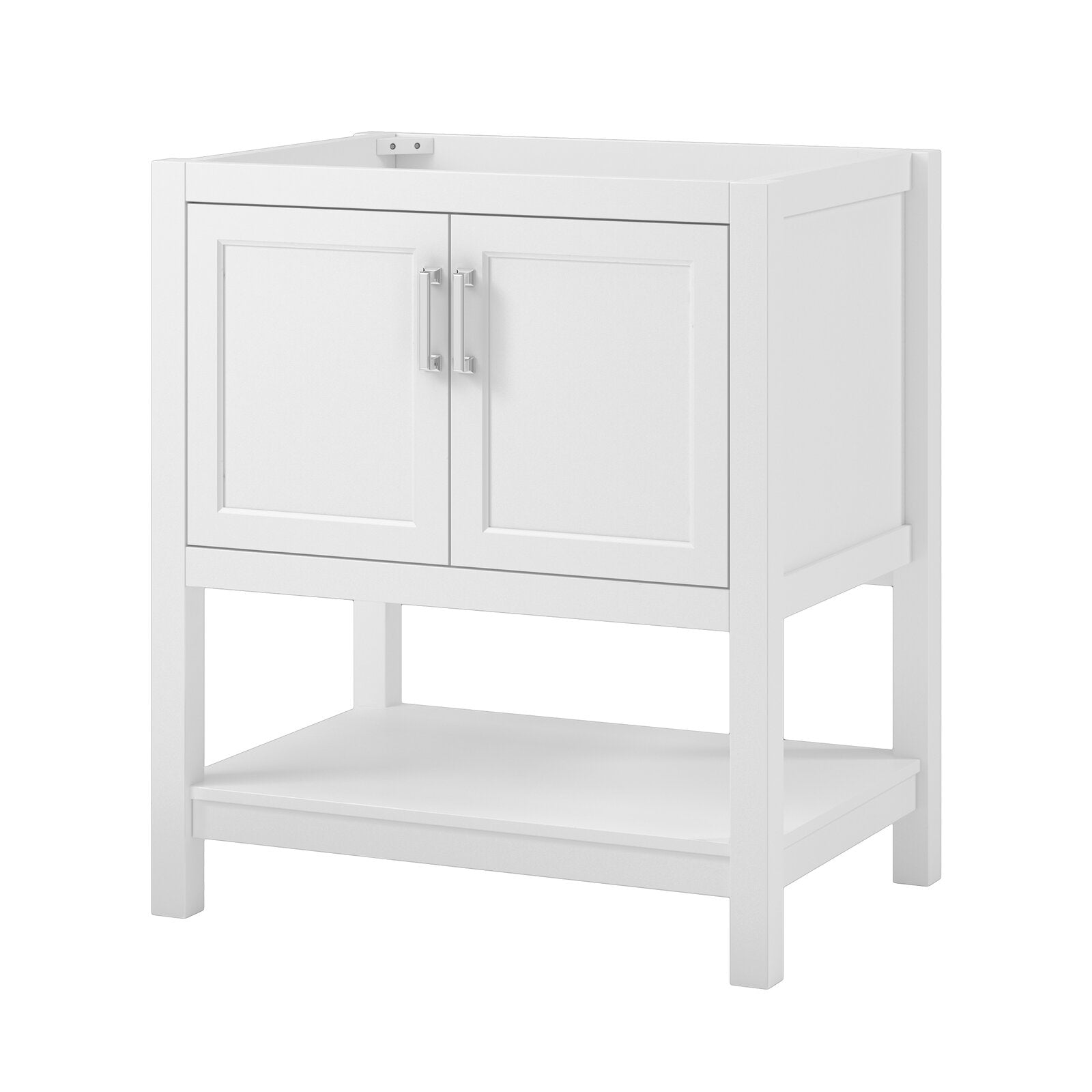 31-inch modern solid wood freestanding bathroom vanity base in stone finish with two paneled doors, chrome pulls and an open lower shelf, designed to accommodate a single sink.
