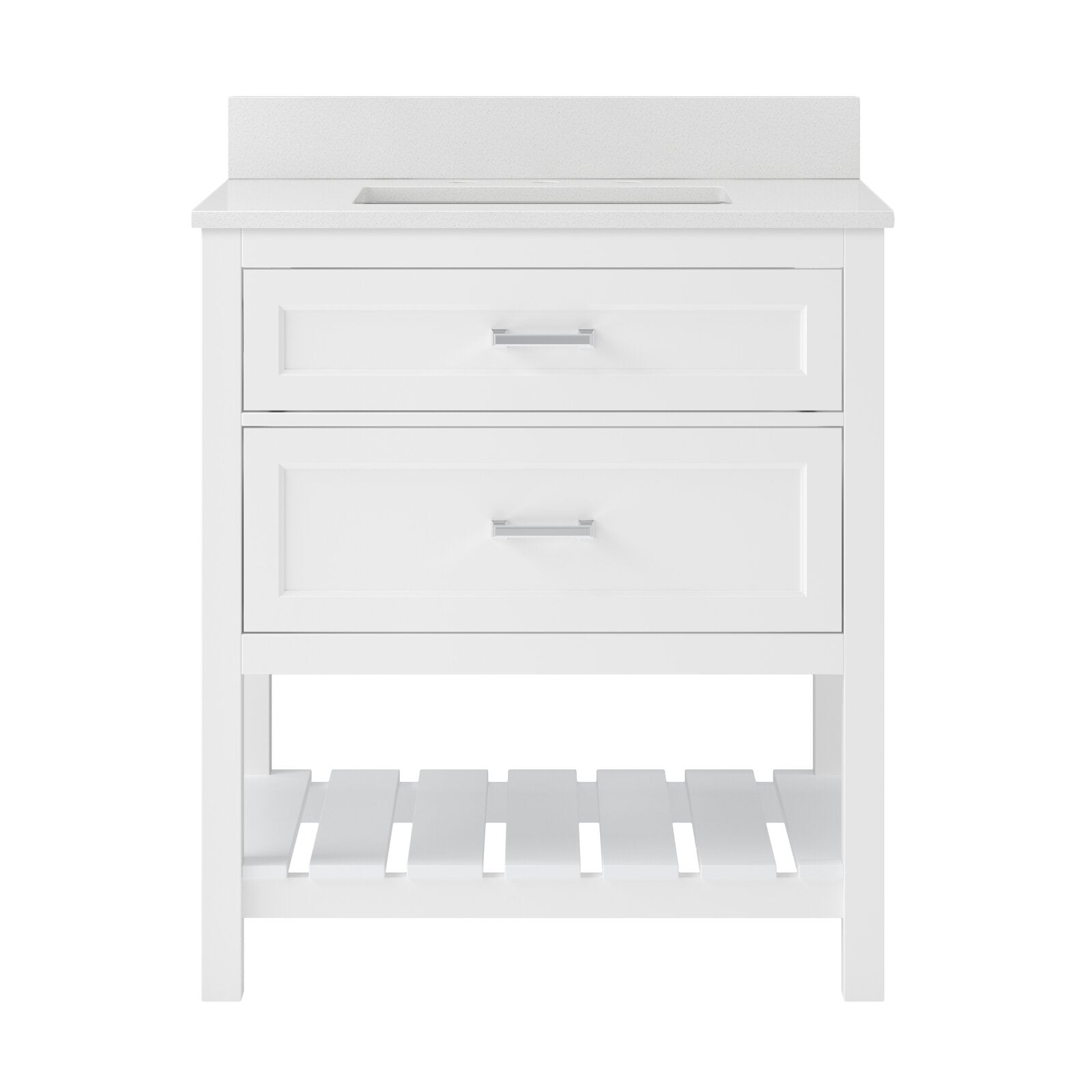 Freestanding modern solid wood bathroom vanity in white with a stone countertop and low backsplash, integrated rectangular sink, two panel-front drawers with chrome pulls, and an open slatted bottom shelf.