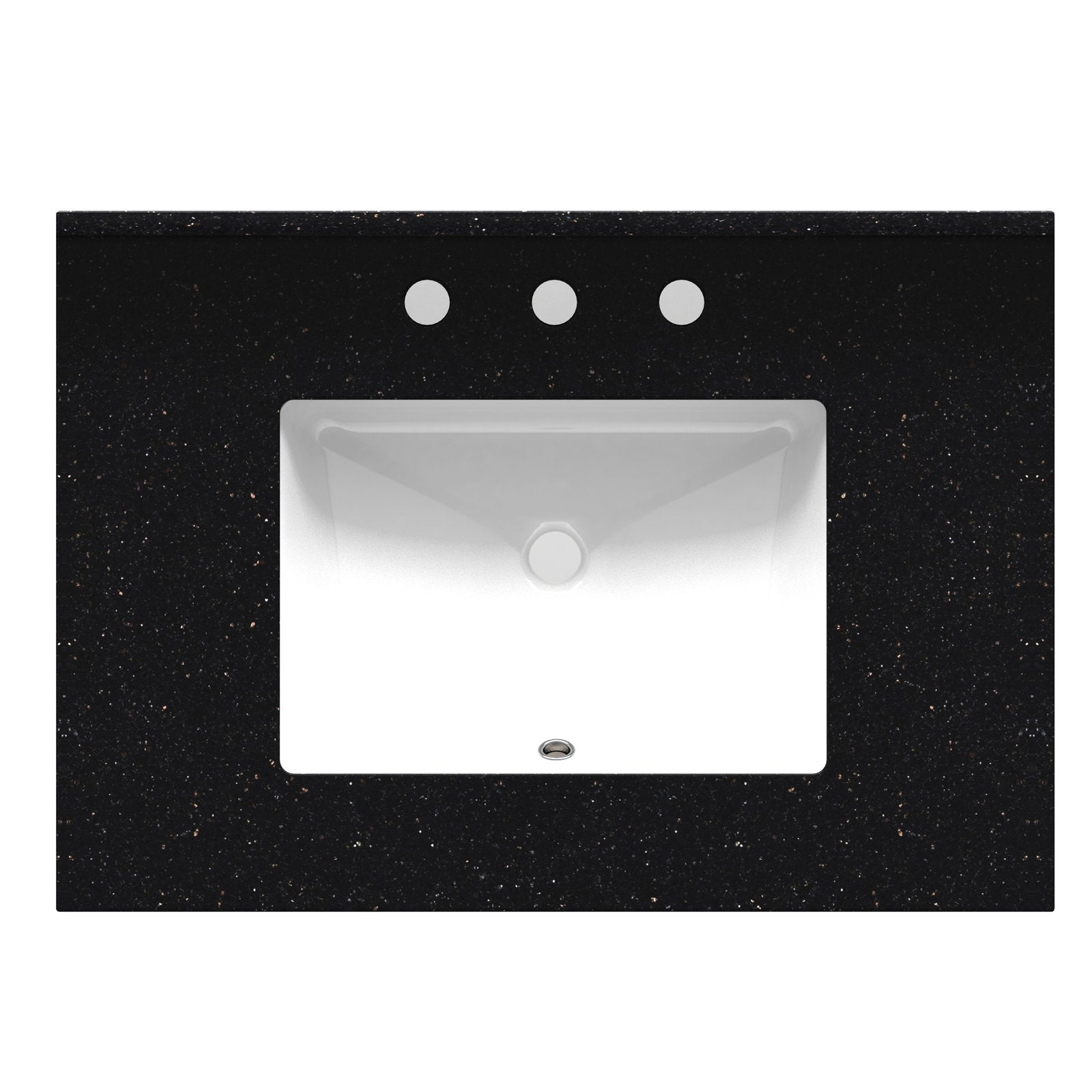Top-down view of a white rectangular ceramic undermount sink set into a black speckled quartz vanity top with three pre-drilled faucet holes and a centered drain.