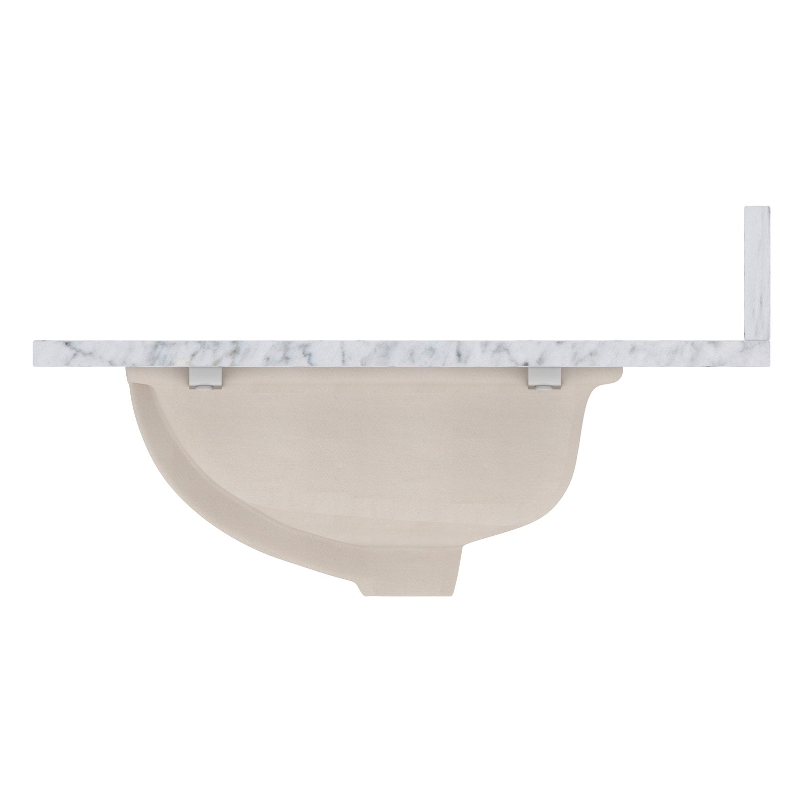 Side profile of a ceramic undermount sink in a light beige finish installed beneath a white quartz countertop with subtle gray veining and a short matching backsplash.