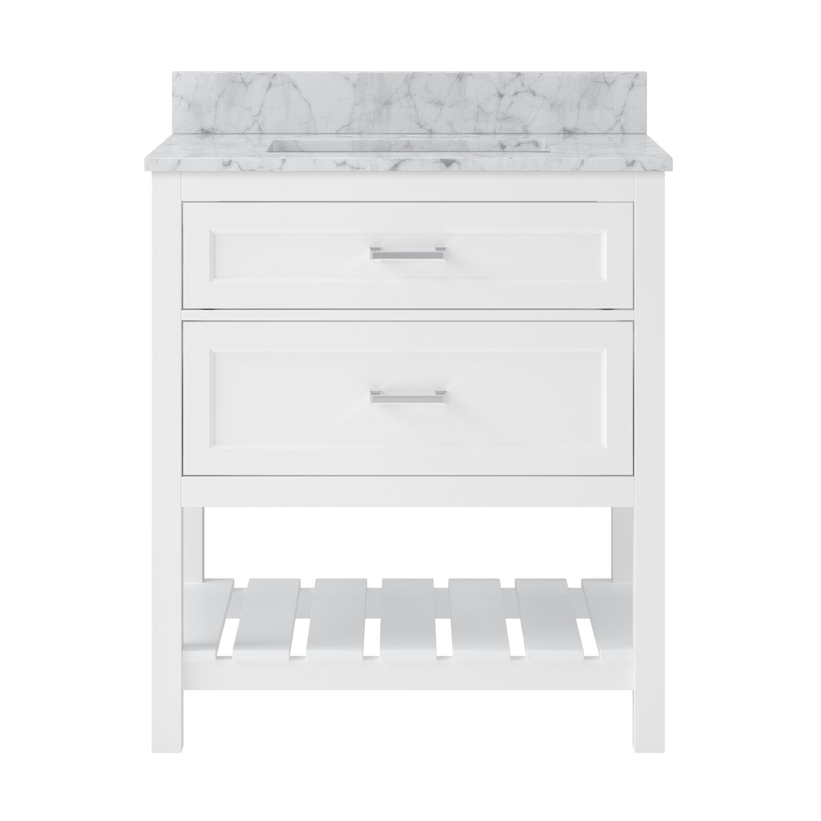 Front view of a white 31-inch freestanding solid wood bathroom vanity with a marble-look quartz top and integrated rectangular sink, two paneled drawers with chrome bar pulls, and an open slatted lower shelf.
