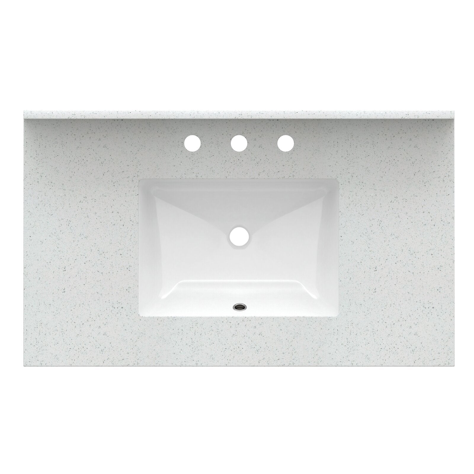 Speckled white marble bathroom vanity top with a rectangular white ceramic sink, centered drain, and three predrilled faucet holes.