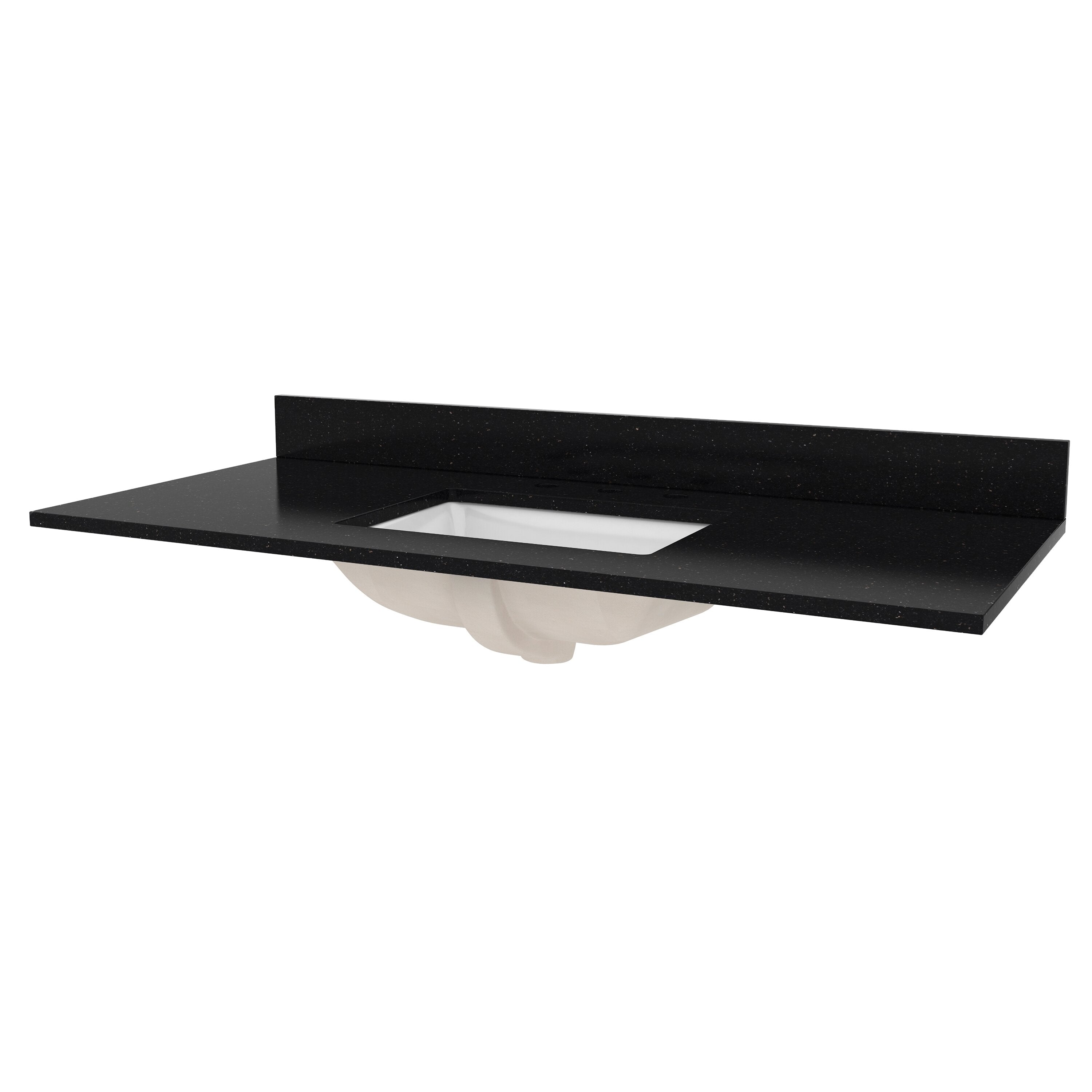 Black speckled quartz vanity top with matching low backsplash and a white rectangular undermount ceramic sink visible from below.