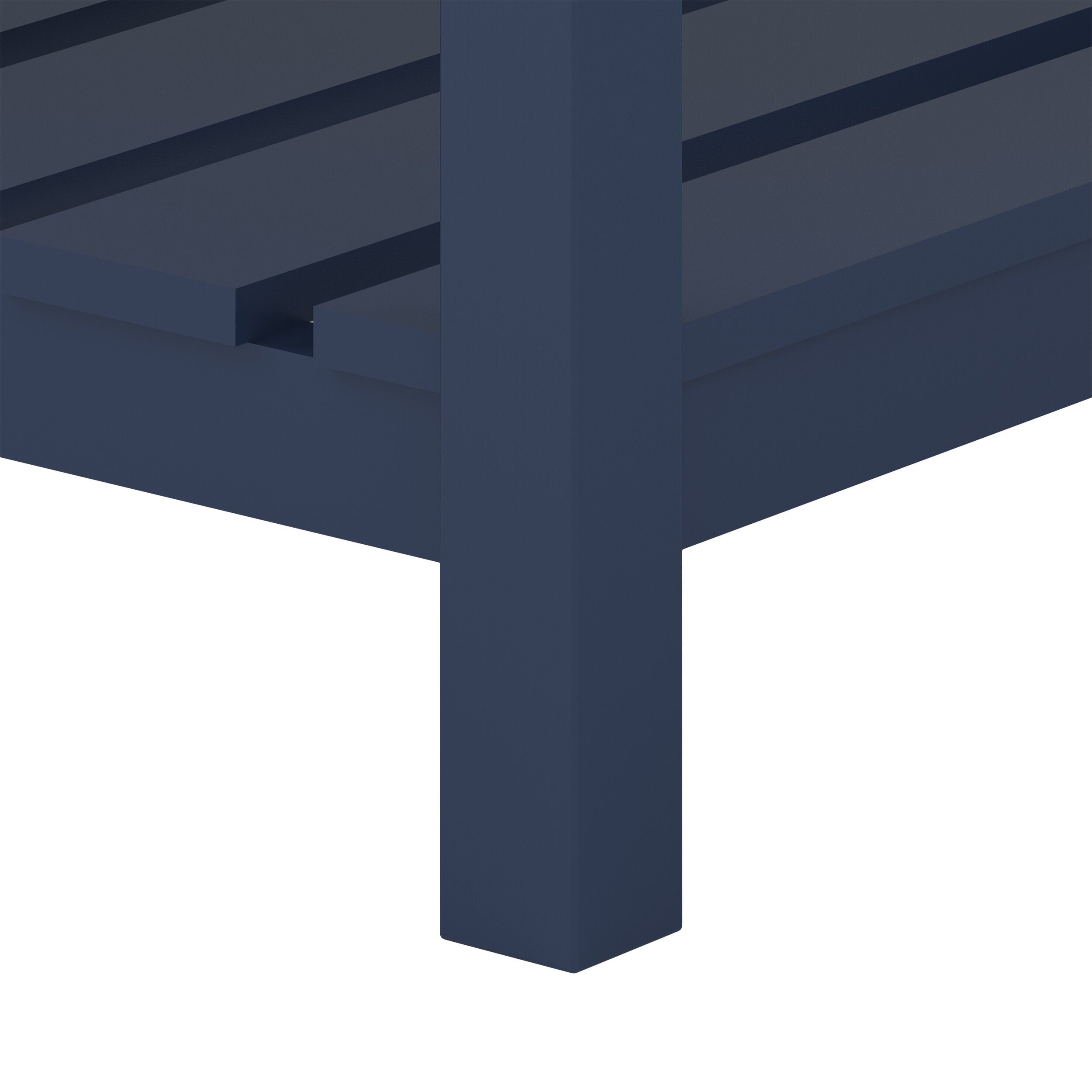 Close-up of a modern bathroom vanity showing a square solid wood leg and slatted lower shelf finished in matte black, highlighting the clean lines and construction detail.