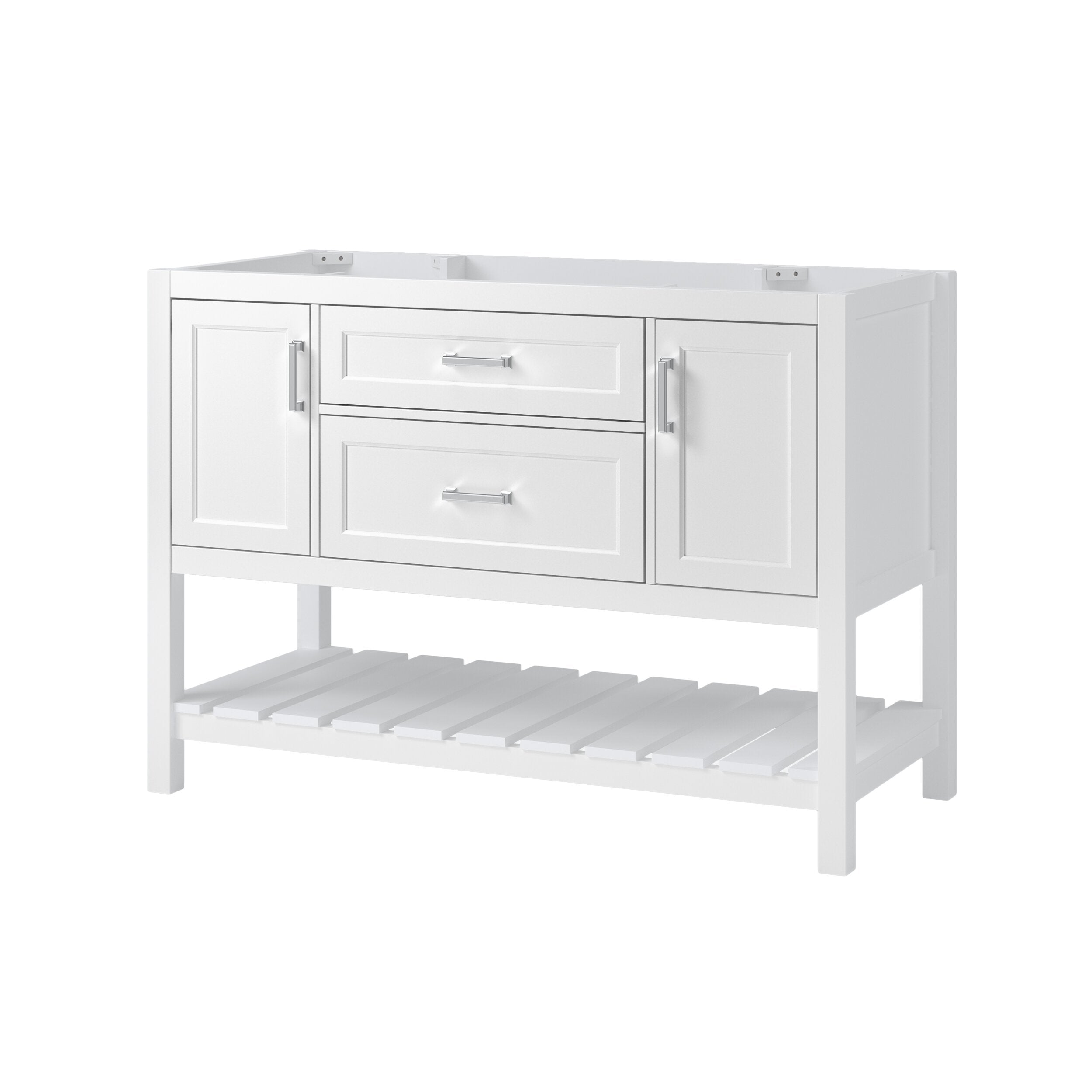 Freestanding white solid wood bathroom vanity in a modern style with two center drawers, two side cabinet doors, chrome bar handles, an open slatted lower shelf and a single-sink top opening.