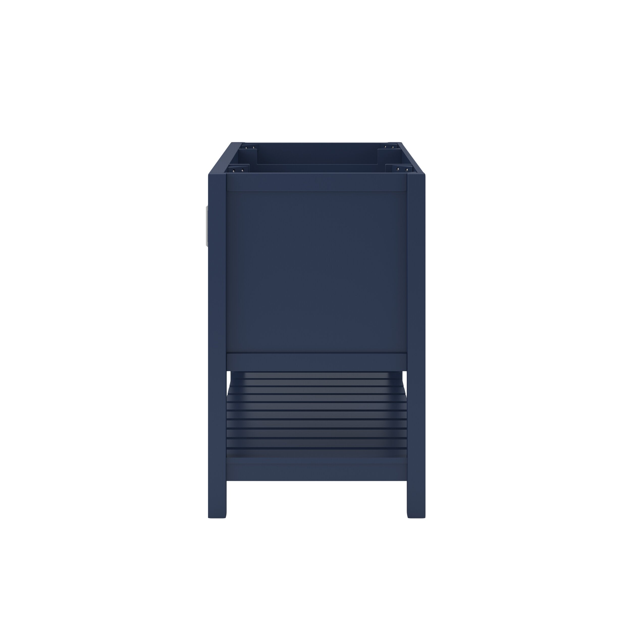 Side view of a 49-inch modern solid wood single-sink bathroom vanity in black with an open top for a quartz countertop, straight legs and a slatted lower shelf for storage.