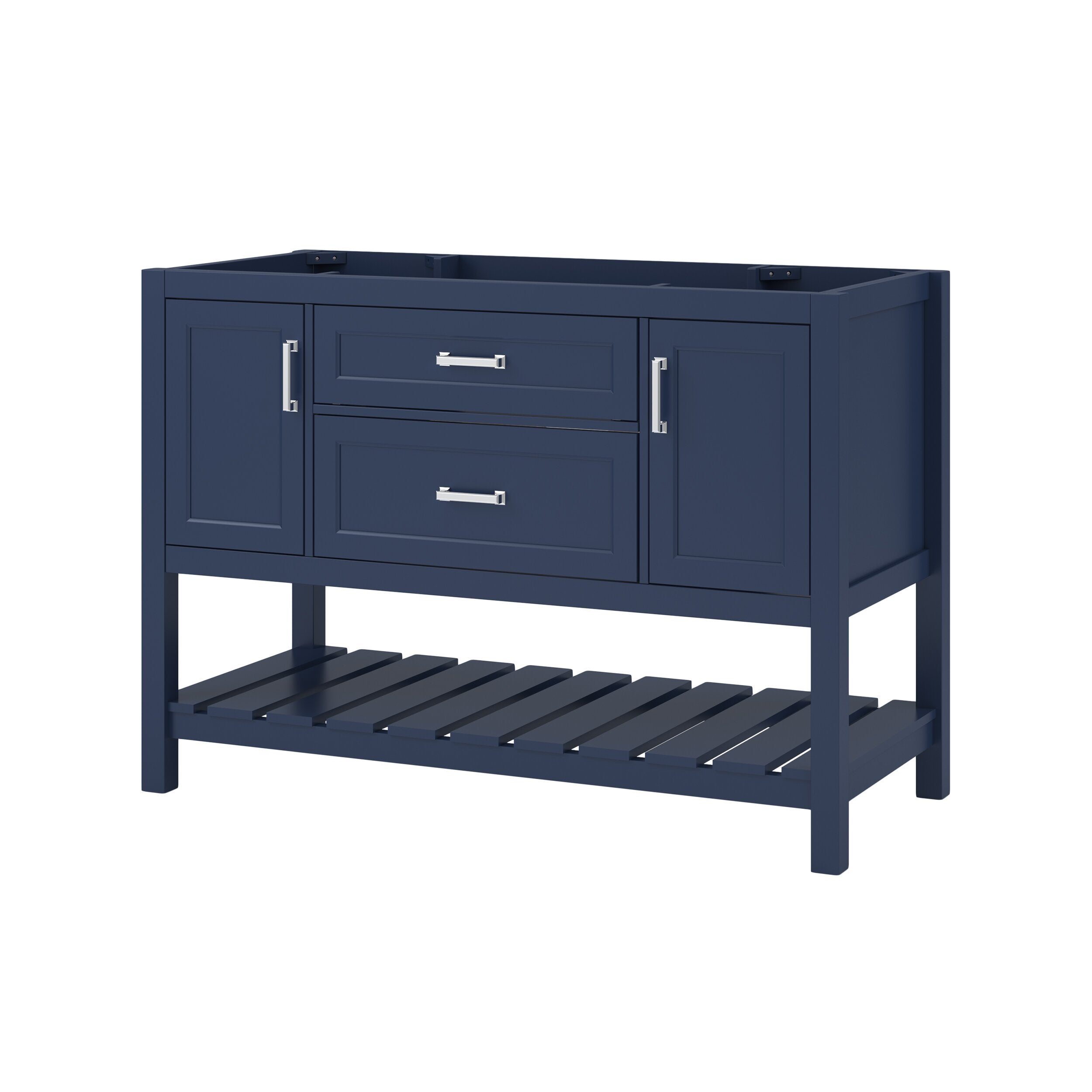 49-inch navy solid wood freestanding bathroom vanity base with single-sink cutout, two center drawers, two side cabinets, chrome bar pulls and a slatted open shelf for storage.