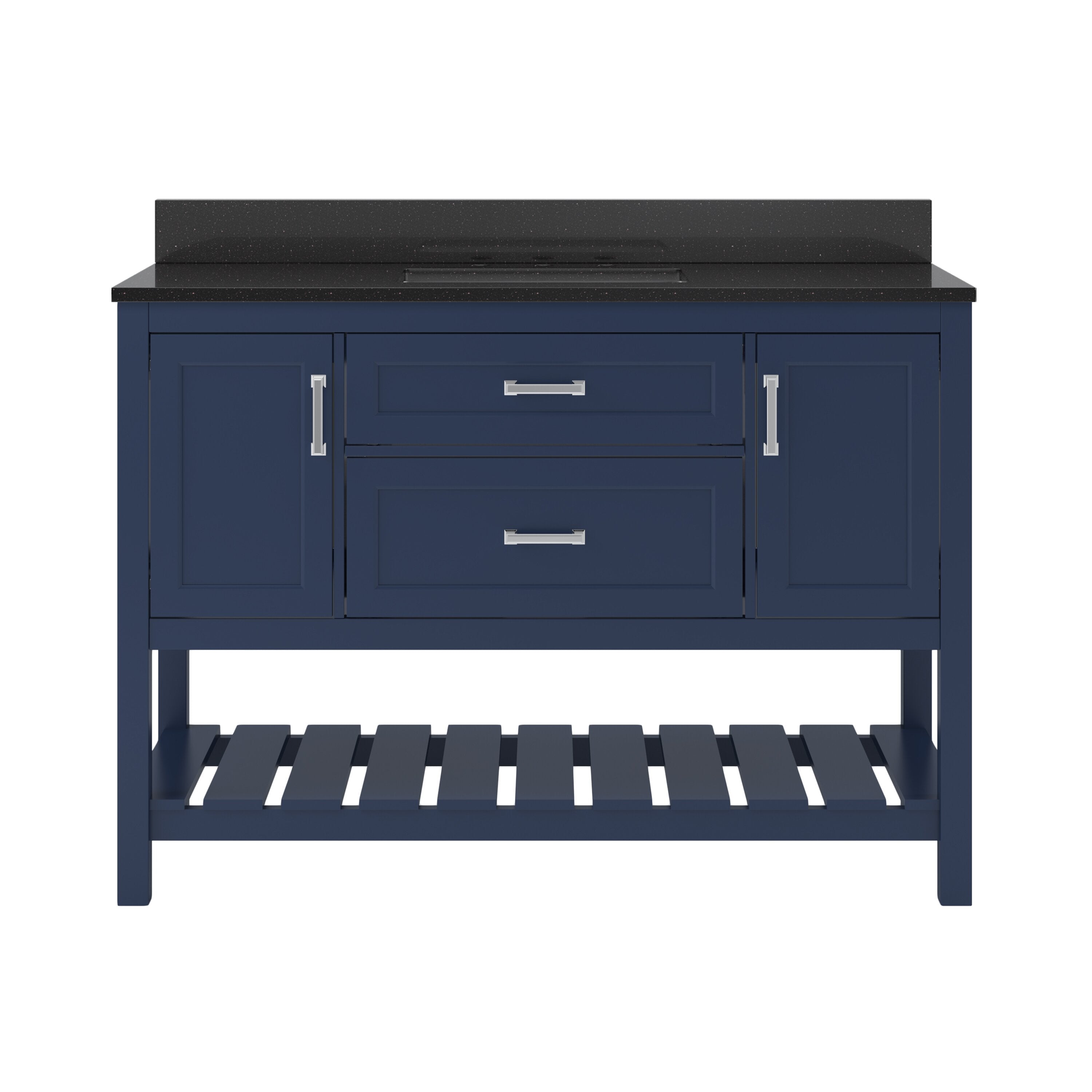 49-inch solid wood freestanding single-sink bathroom vanity with black quartz countertop and backsplash, two center drawers, flanking cabinet doors with chrome handles, and an open slatted lower storage shelf.
