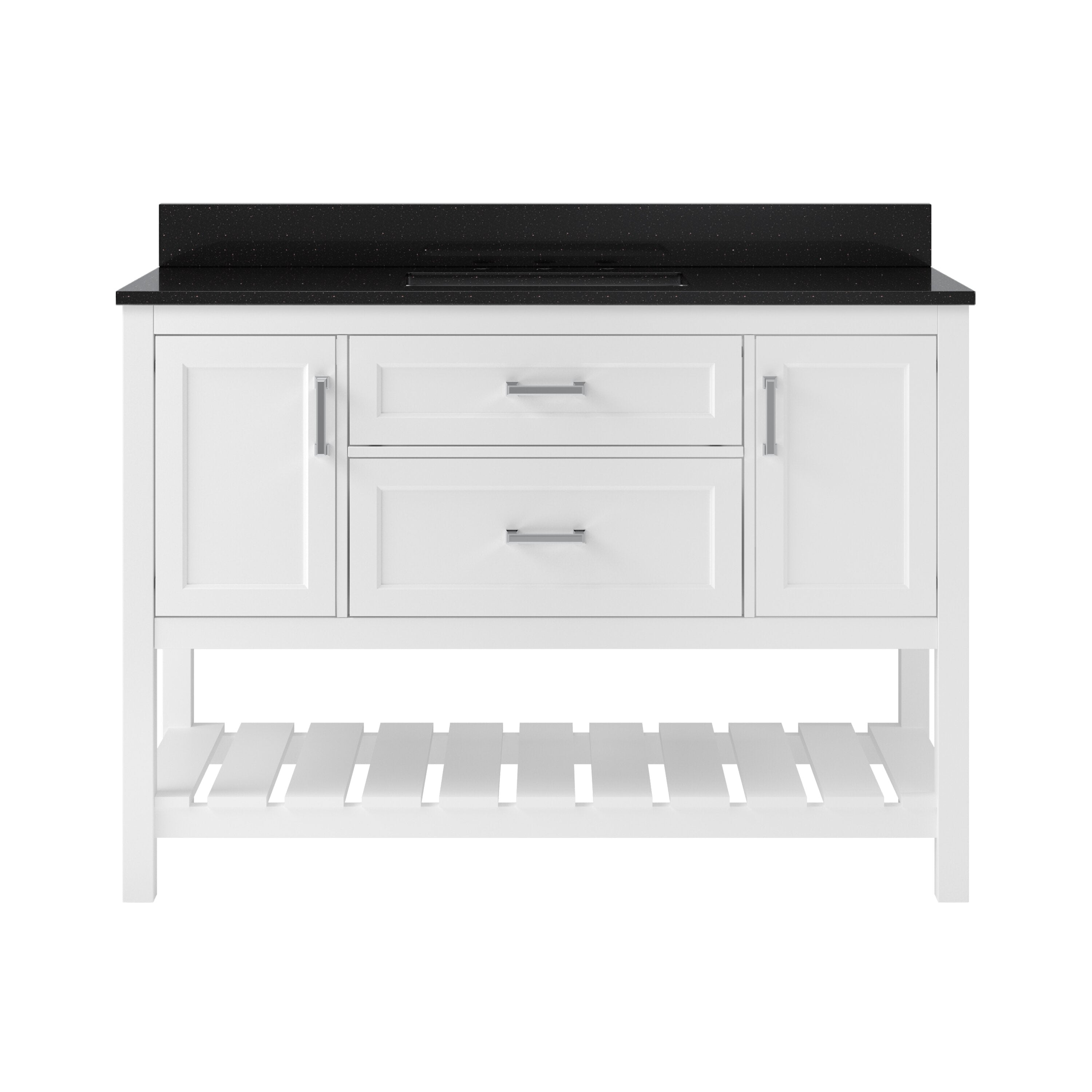 49-inch freestanding modern solid-wood bathroom vanity in white with a black quartz countertop and backsplash, single sink cutout, two center drawers, flanking cabinet doors with chrome bar pulls, and a slatted bottom shelf.