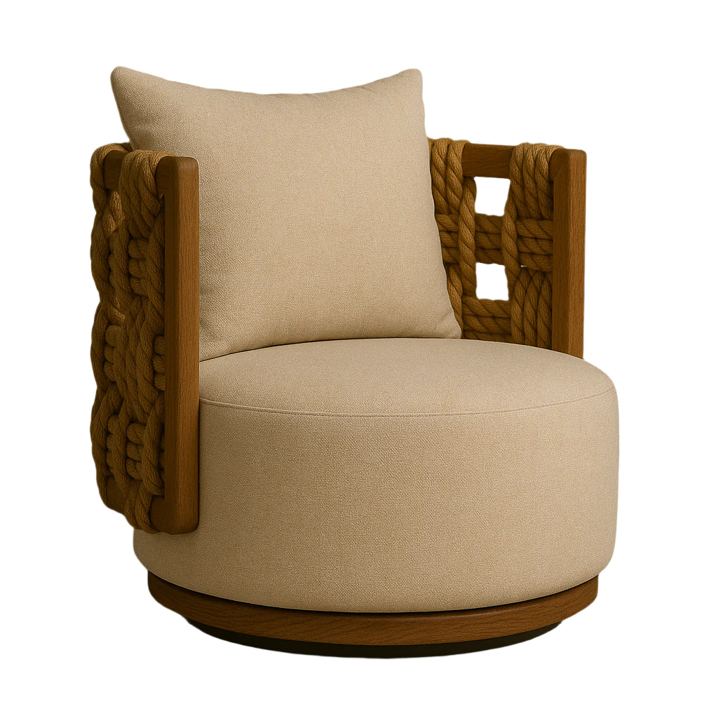 Beige upholstered round outdoor swivel accent chair with a teak wood frame, thick woven rope-wrapped sides and a matching loose back cushion.
