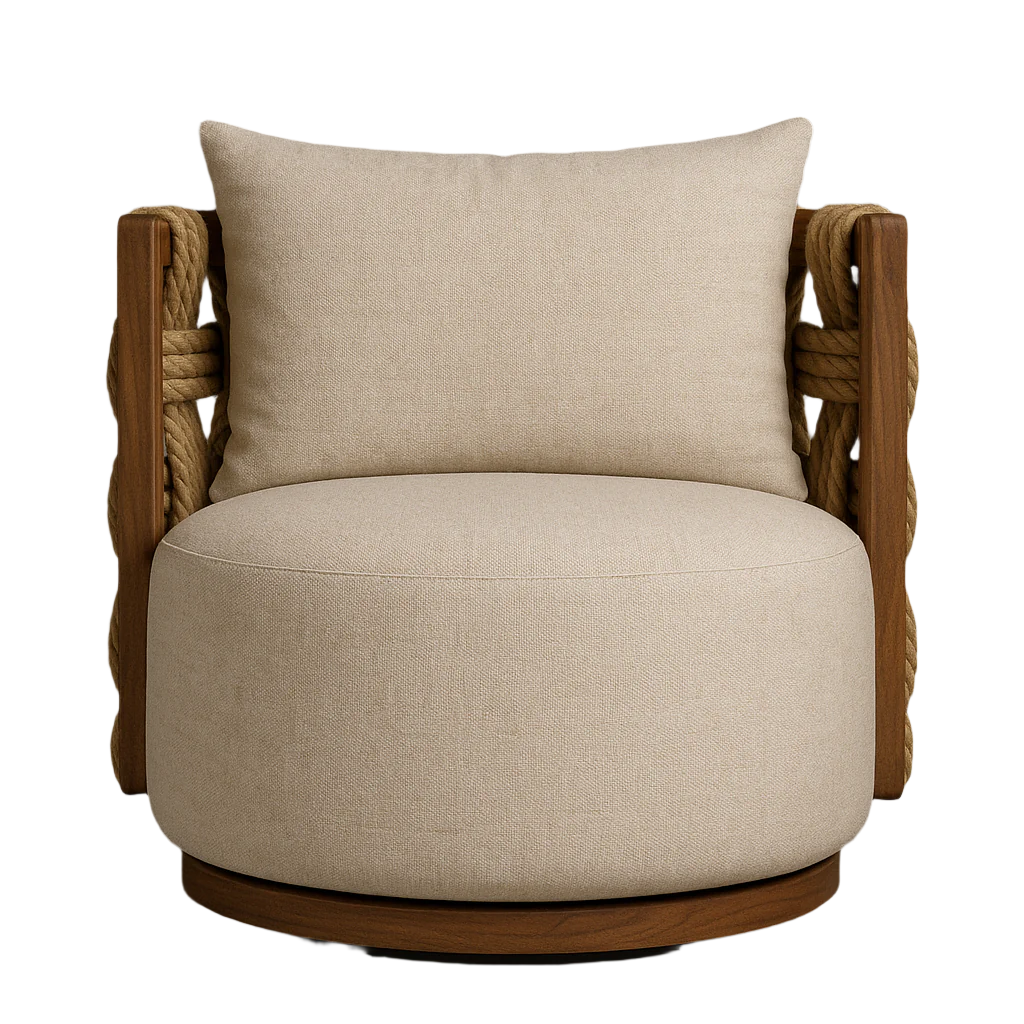 Front view of a coastal-style outdoor swivel accent chair with a round beige upholstered seat and matching back cushion, solid teak frame and thick woven rope arm detailing on a teak swivel base.