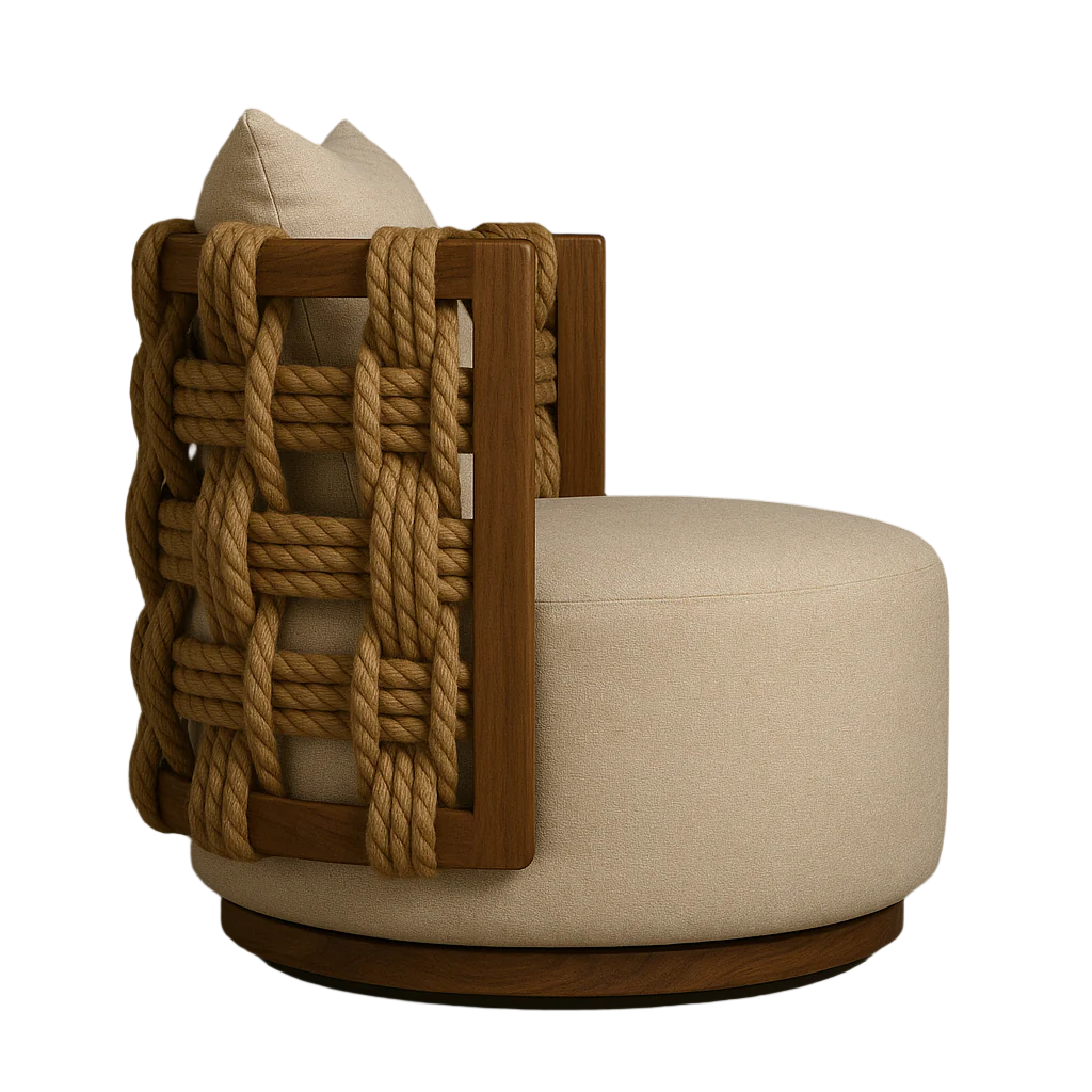Side view of an outdoor swivel accent chair with a round beige upholstered seat, teak wood frame and chunky woven rope back accented by a beige back pillow.