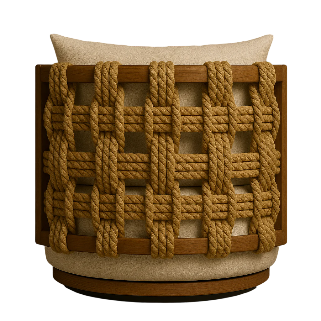 Rear view of an outdoor swivel accent chair with a teak wood frame, woven tan rope lattice back, cream upholstered cushion, and round swivel base.