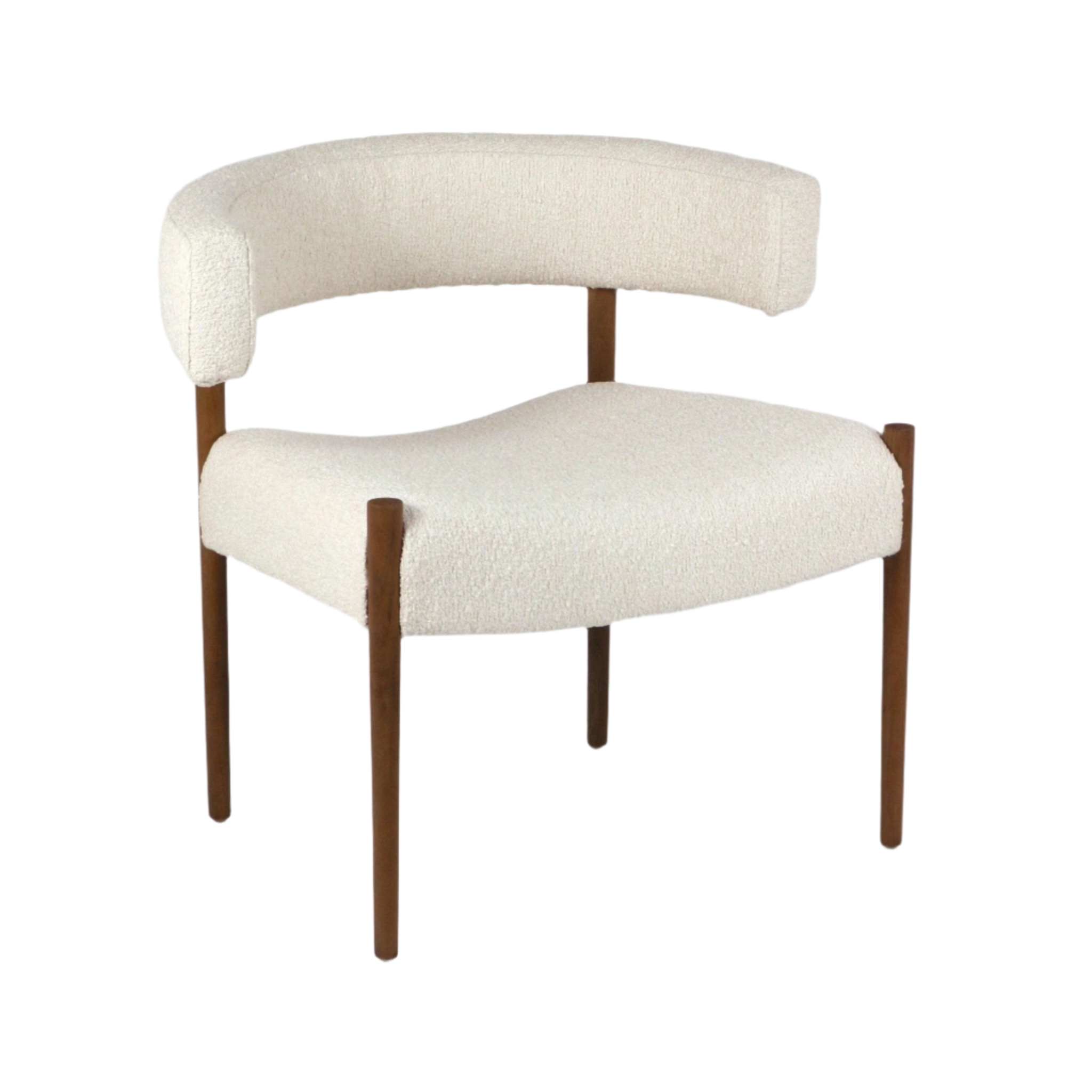 Cream boucle dining chair with a curved open back and cushioned seat upholstered in alpaca-style bouclé, supported by four slim natural wood legs in a modern mid-century silhouette.