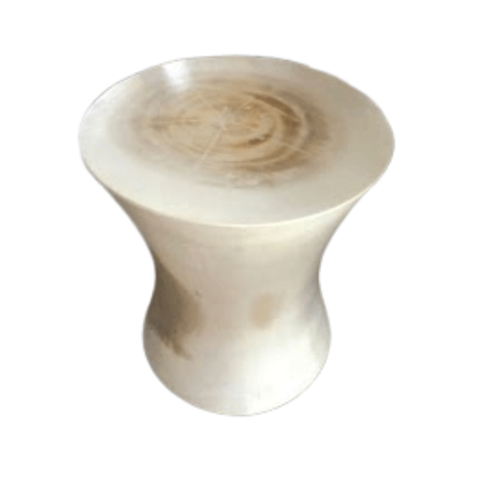 Top-down view of a natural solid wood curved stump side table with an hourglass silhouette, light natural finish and visible circular wood grain on the round tabletop.