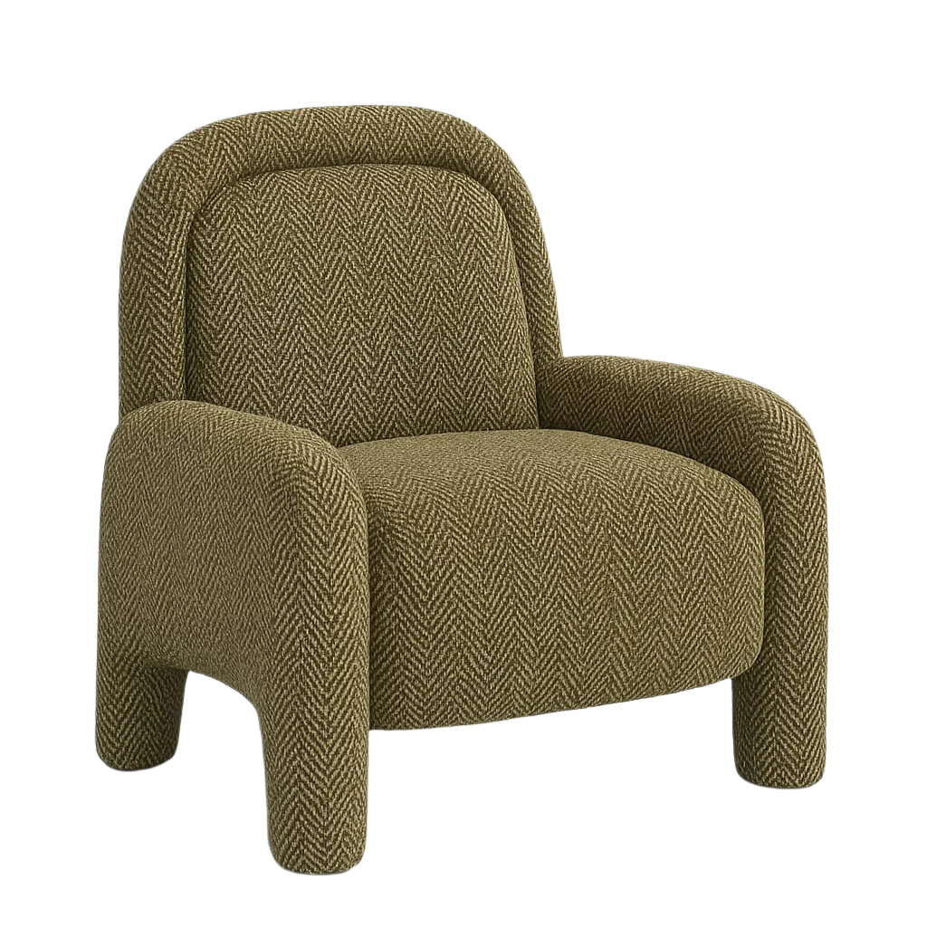 Olive-green herringbone fabric accent chair with a rounded full back, thick cushioned seat and enveloping curved arms that flow into short rounded legs for a modern mid-century lounge look.