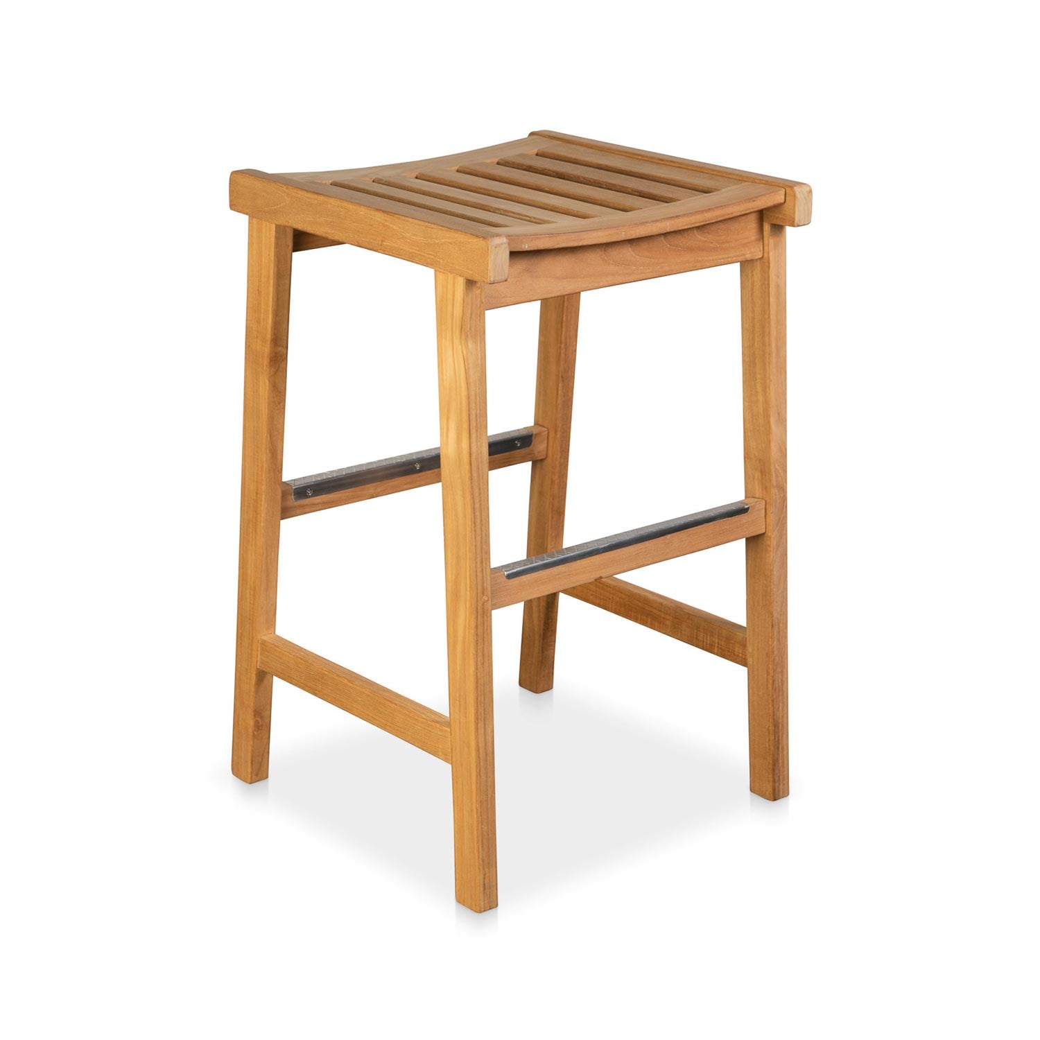 Coastal-style backless teak outdoor bar stool with a slatted, gently curved seat in natural teak finish and metal-reinforced footrests, shown on a white background.