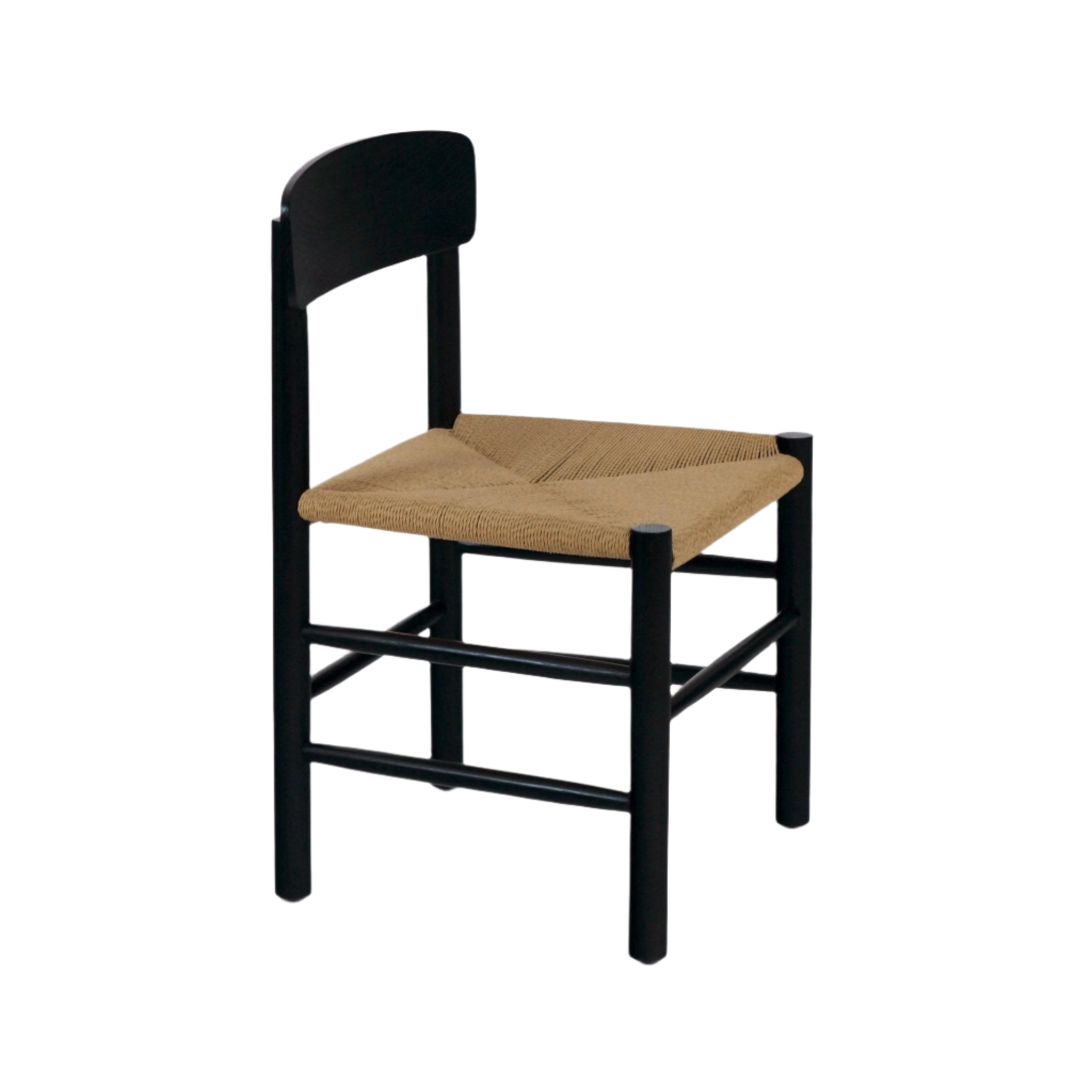 Danish-style dining chair with a black solid-wood frame and low curved back, featuring a tan woven papercord seat and round legs for a minimalist mid-century modern look.