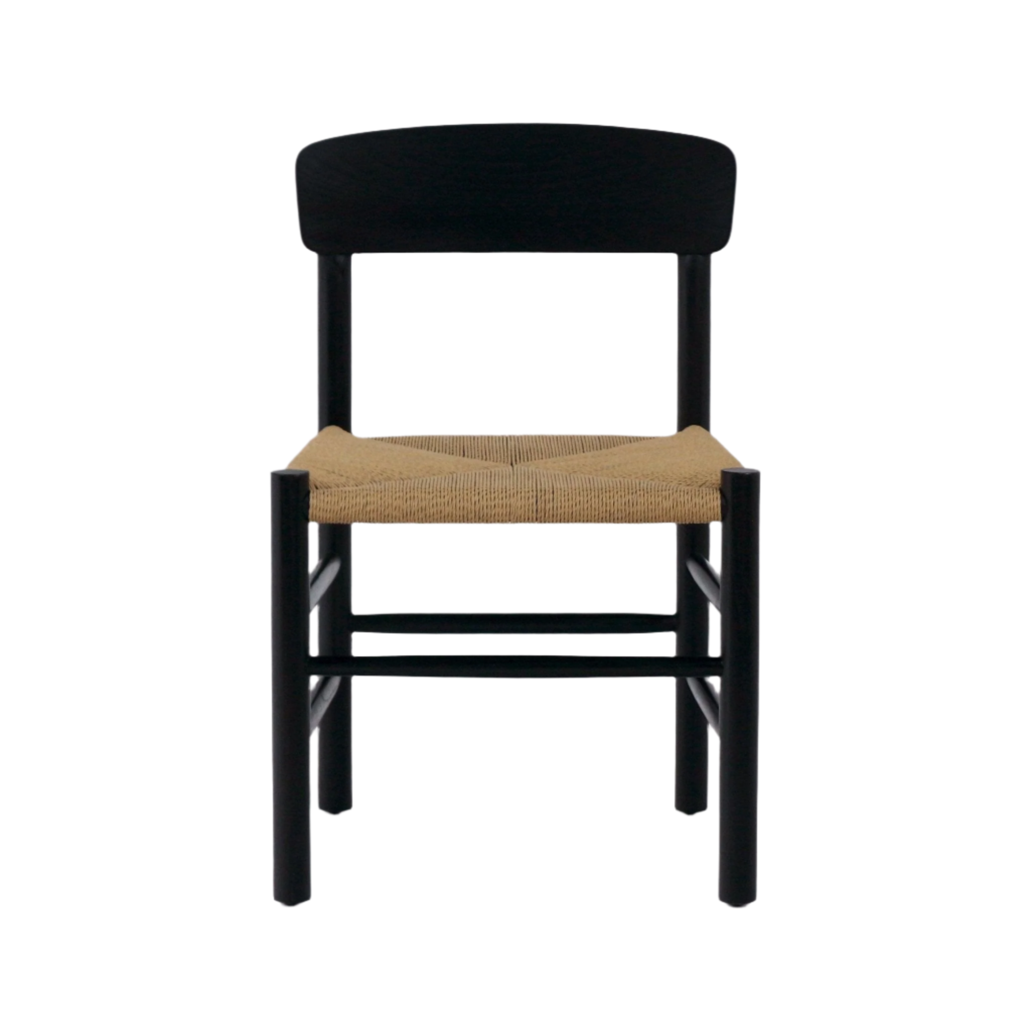 Front-facing mid-century modern Danish dining chair with a black solid wood (mahogany) frame, curved backrest and a natural woven papercord seat.