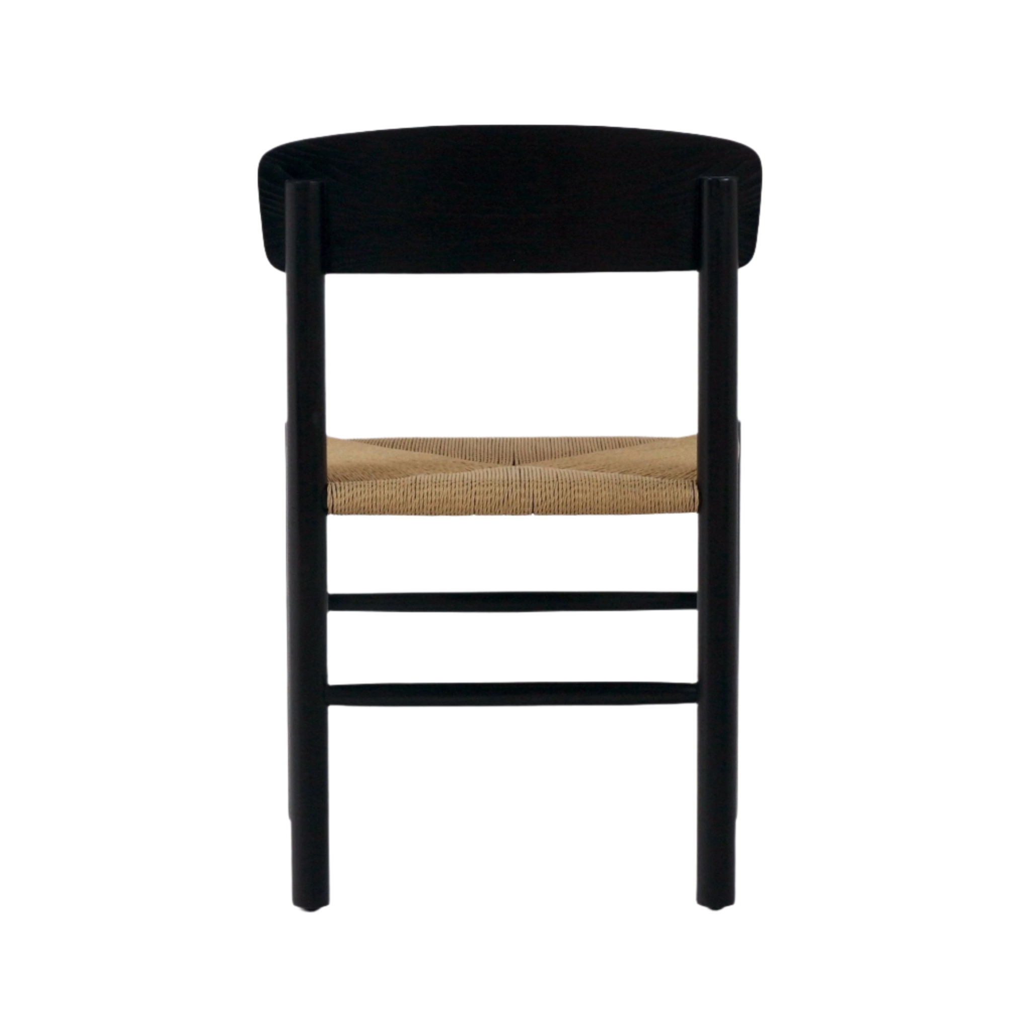 Rear view of an armless Danish mid-century modern dining chair with a black mahogany wood frame, curved backrest and a natural tan papercord woven seat.