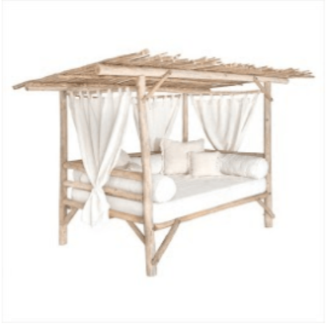 Modern outdoor daybed in natural solid wood with a rustic slatted canopy, white fabric curtains tied back and a white upholstered seat with cylindrical bolsters and square throw cushions.