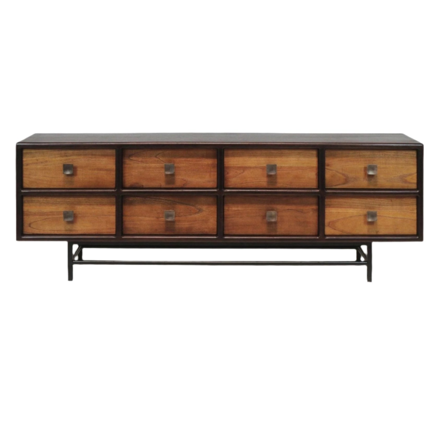 Mid-century modern teak sideboard with eight rectangular drawers, square metal pulls and slim black iron legs; natural teak finish highlights warm wood grain within a dark framed case.