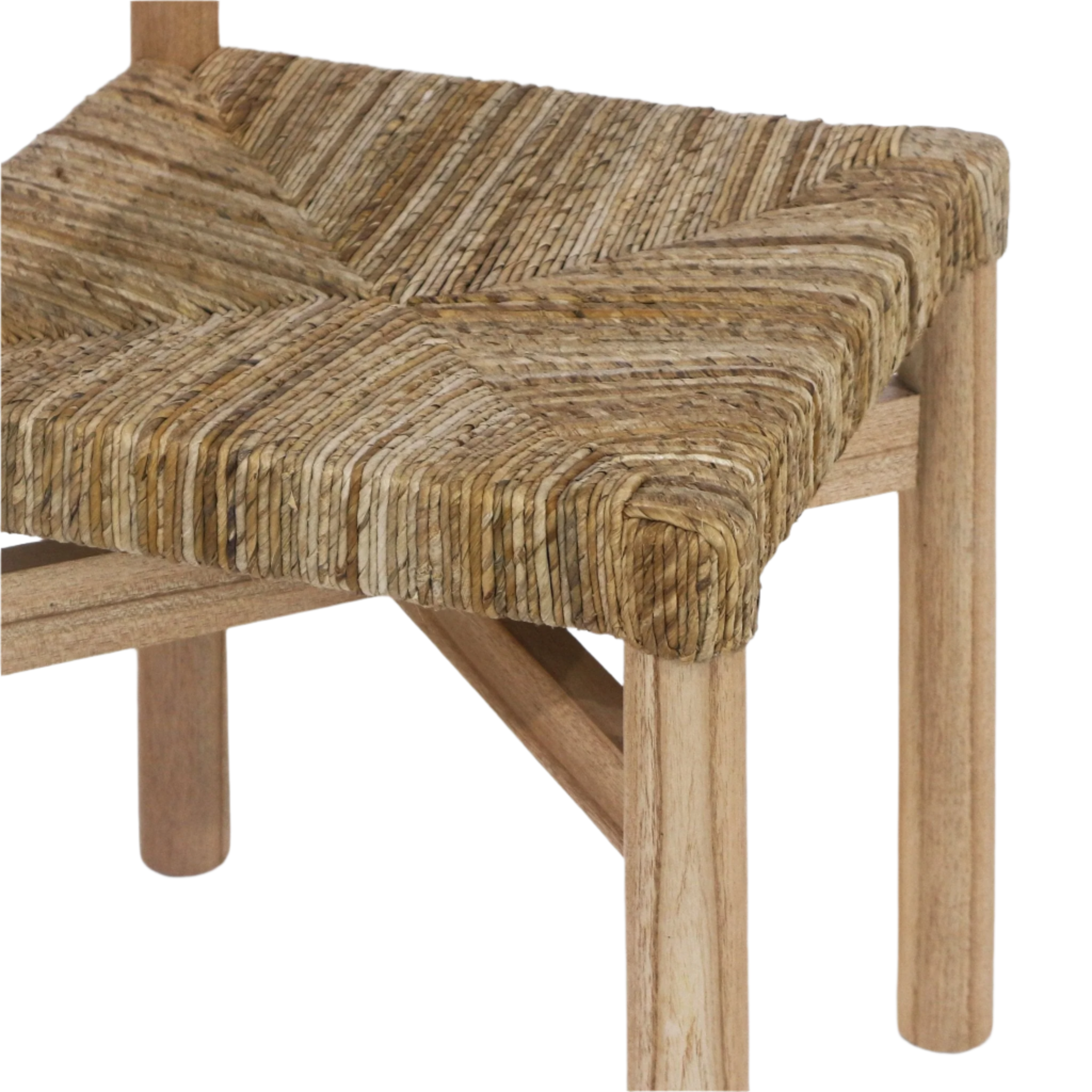 Close-up of a woven seagrass dining chair seat in natural beige tones set on a solid teak frame, showing the textured handwoven pattern and rounded teak legs.
